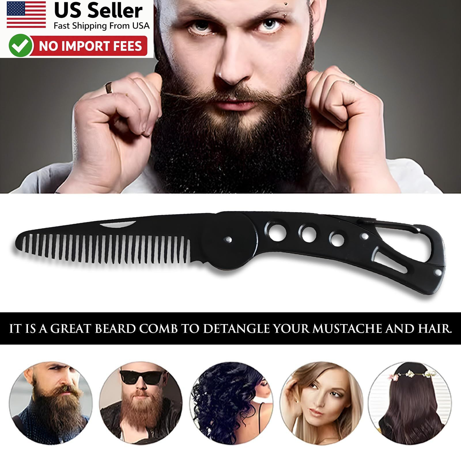 Stainless Steel Folding Beard Comb Portable Anti Static w Leather Case FROM USA