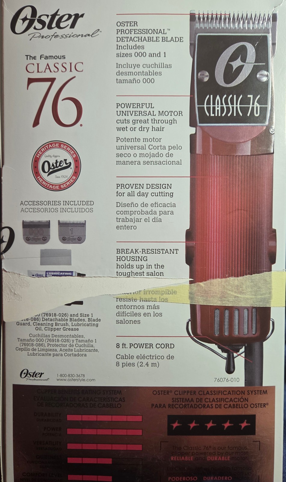 Oster Classic 76 Hair Clipper + 10 Piece Combs, Combo (new & unused in open box)