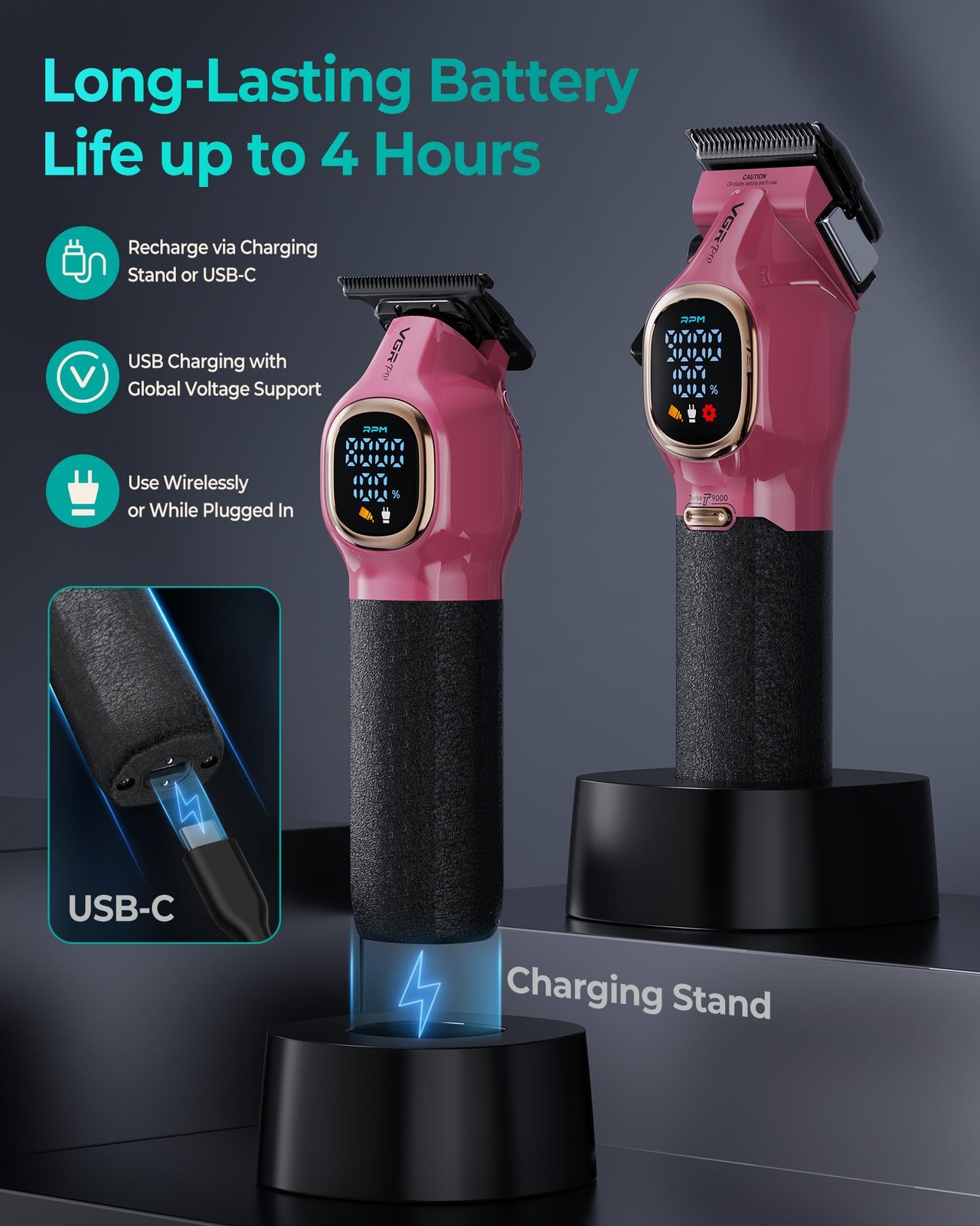 VGRPRO Professional Hair Clippers for Men, Barber Pink