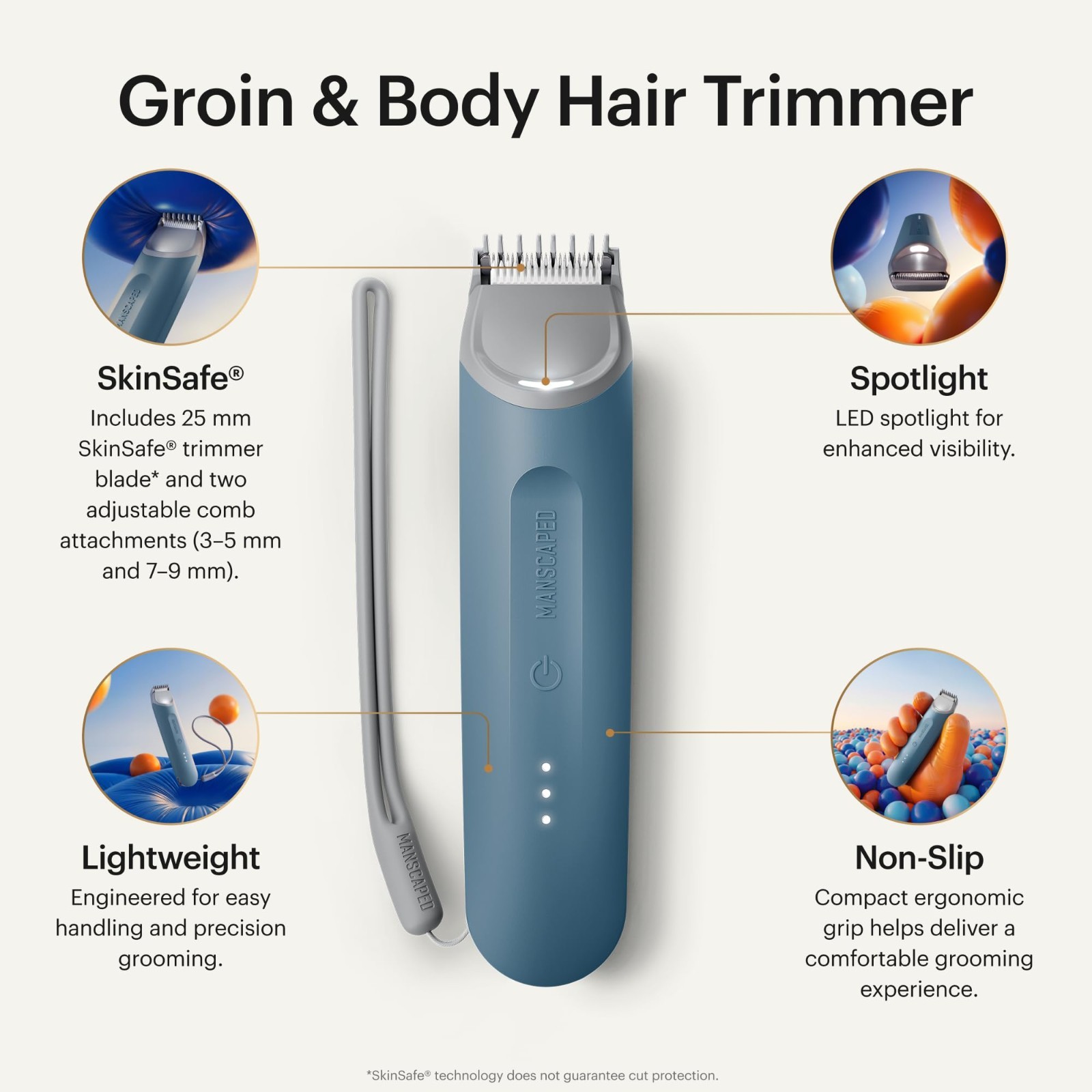 Waterproof Groin & Body Hair Trimmer – SkinSafe Blade, USB-C, 60 Min Runtime, 2