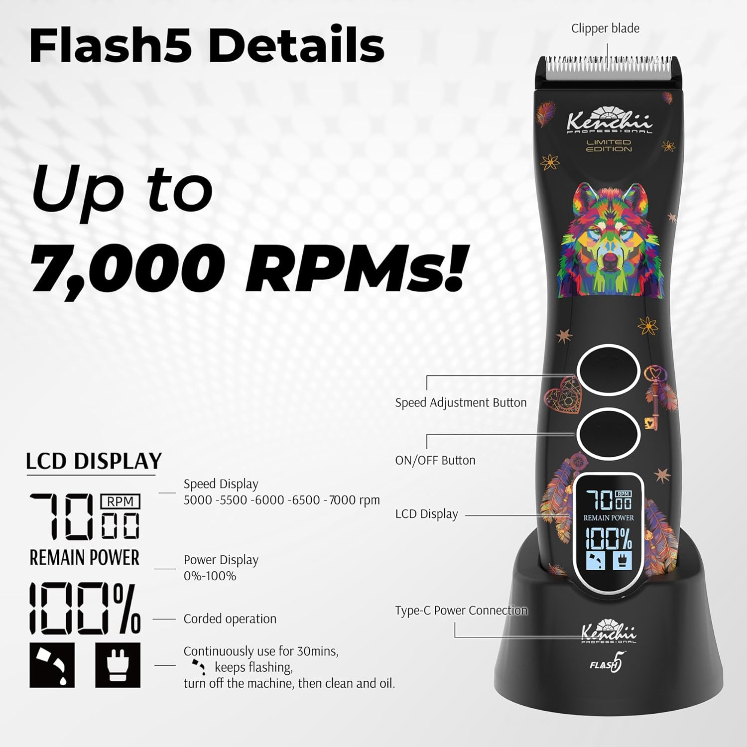 Flash 5 Wolf Limited Edition – 5-In-1 Digital Cordless Clipper – Precision Pet G