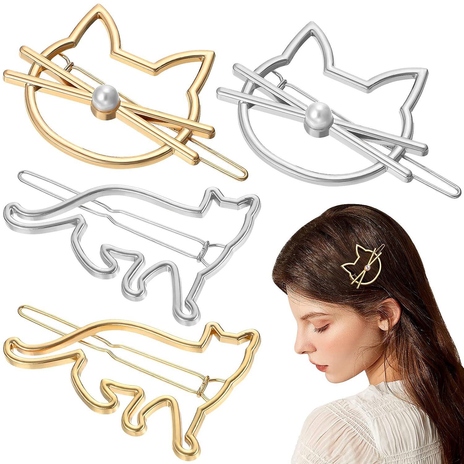 Frcolor Women Hair Clips, 4Pack Metal Novelty Pearl Cat Shaped Gold,Silver