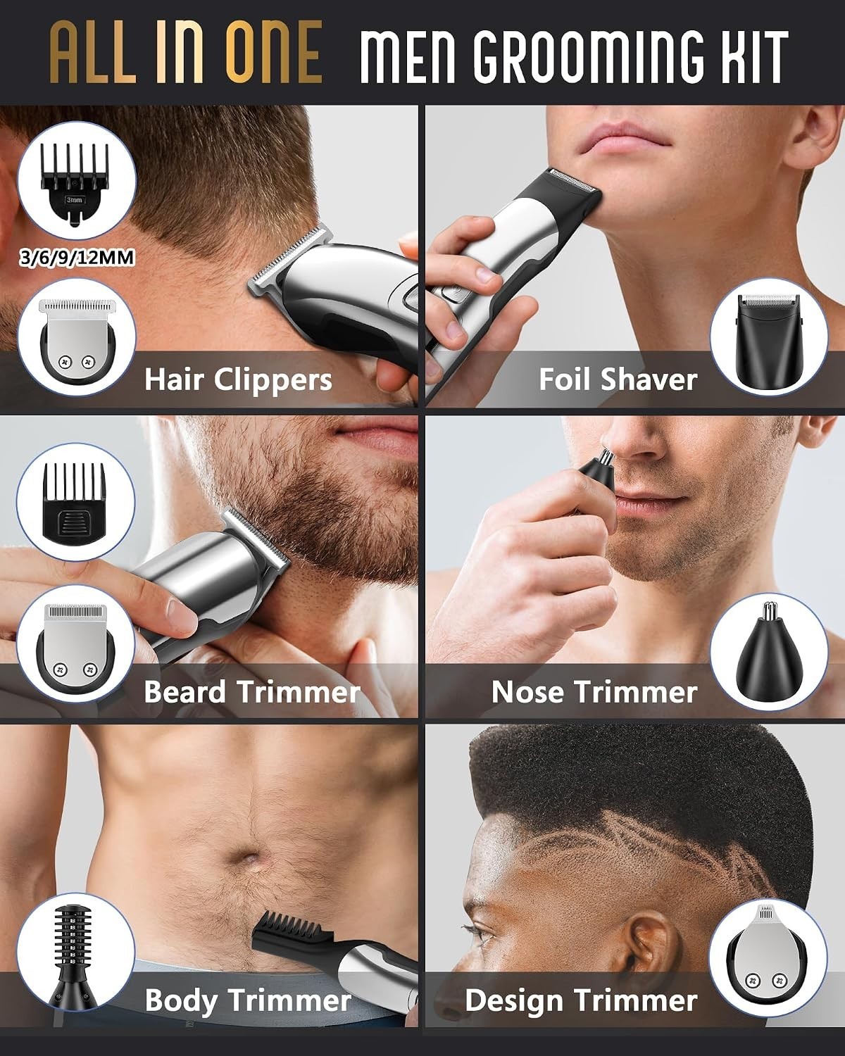 Waterproof Electric Beard Trimmer: All-in-One Grooming Kit with USB Rechargea…