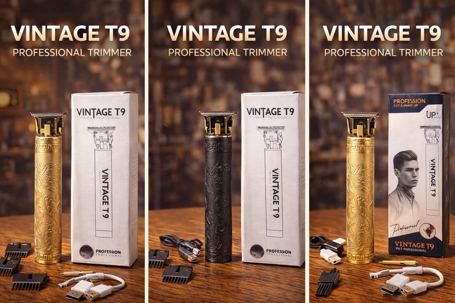 Vintage T9 Cordless Rechargeable T-Blade Trimmer Gold Black USB Cutting Lengths