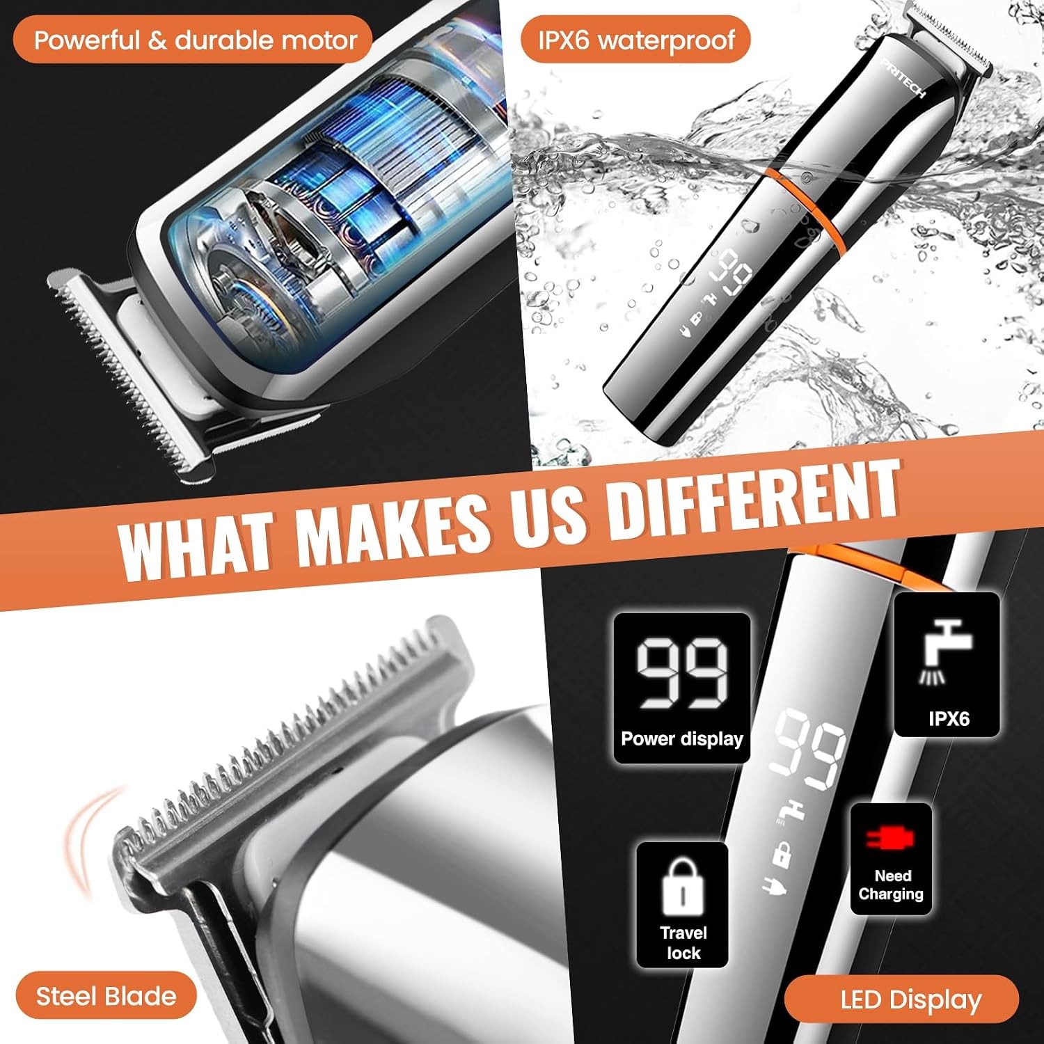 PRITECH 6-in-1 Men’s Grooming Kit: Beard Trimmer, Hair Clipper, Wet/Dry