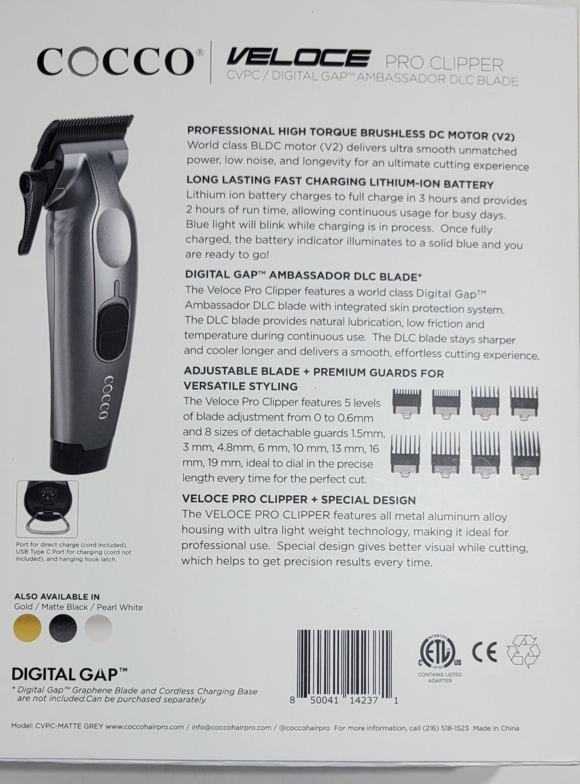 COCCO Veloce Pro MATTE GREY Clipper, Brushless Motor, Digital GAP GREPHENE Blade