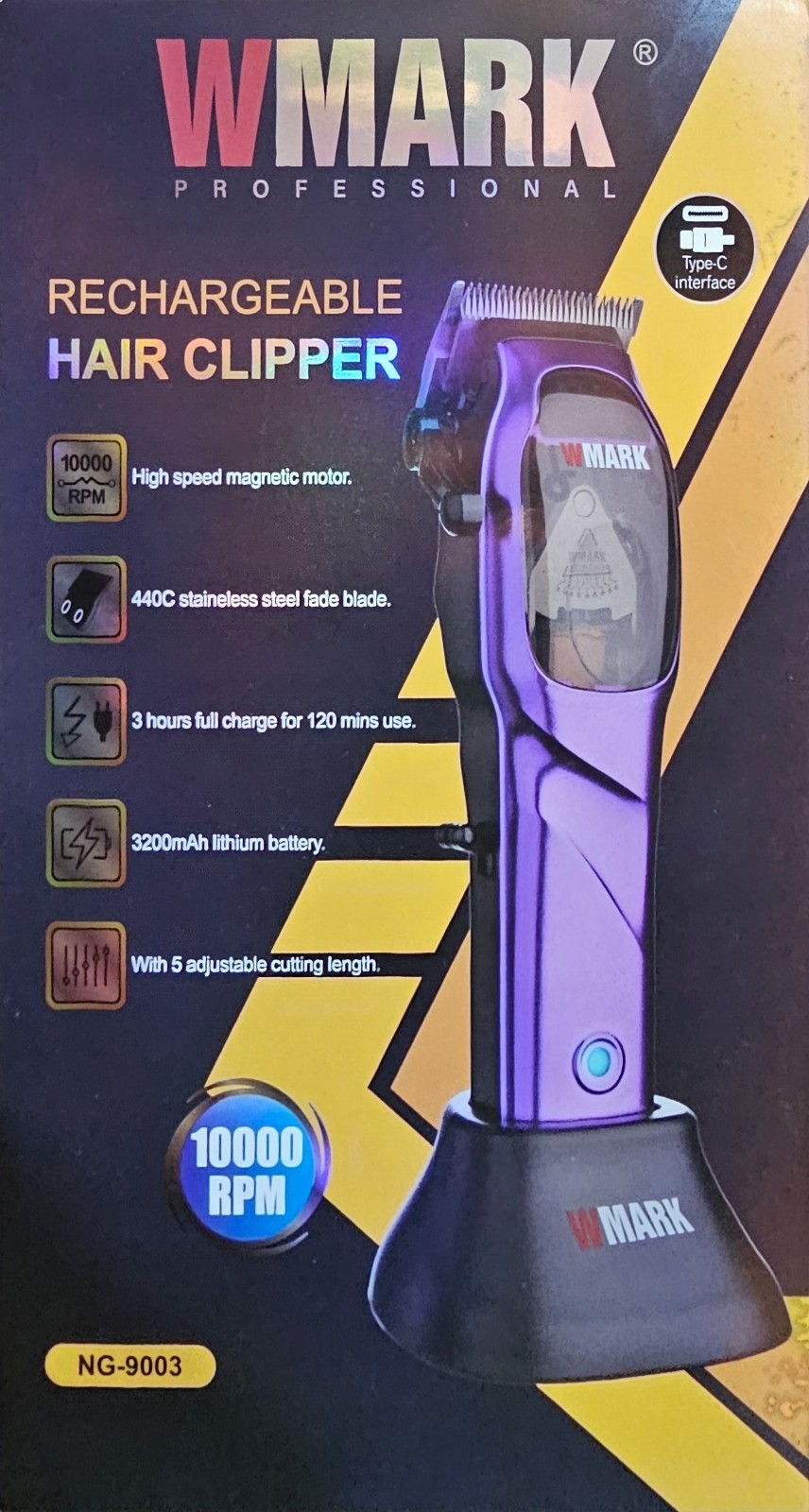 WMARK NG-9003 Cordless Hair Clipper USB Rechargeable, 1.5-10mm Purple