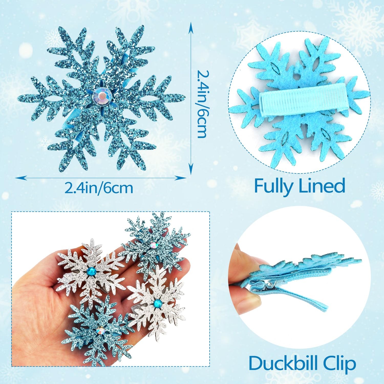 Atoden Sparkly Snowflake Hair Clips Barrettes 8Pcs Christmas Blue, Silver