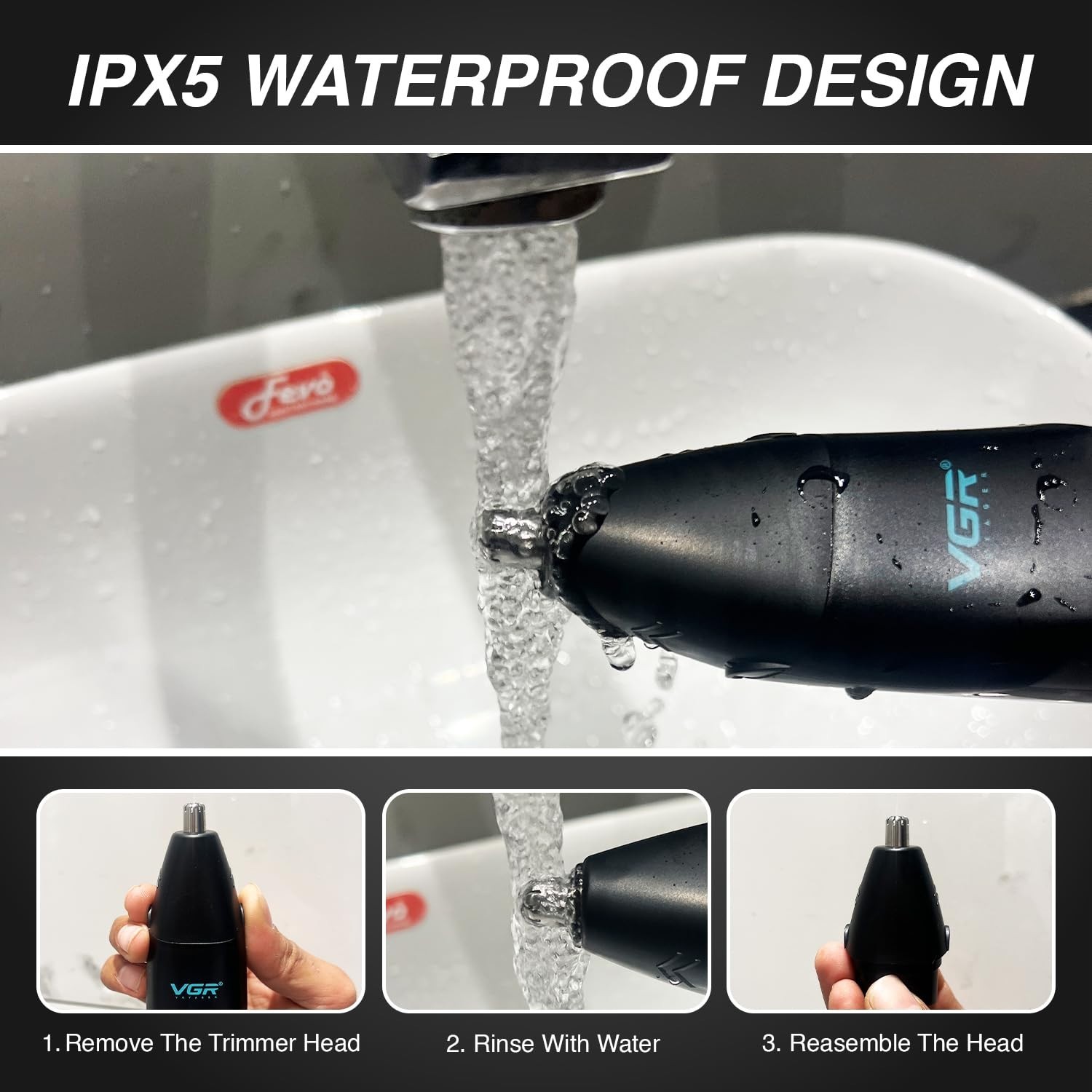 VGR V-603 waterproof trimmer with Type-C charging, LED display, dual-speed
