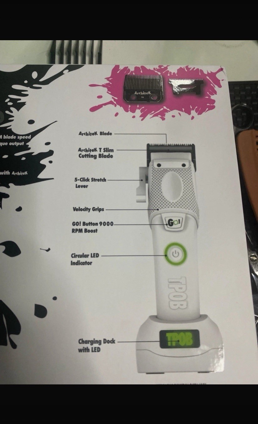 TPOB GO! Cordless Hair Clipper White T-Blade USB-C Quick Charge Non-Slip Grip