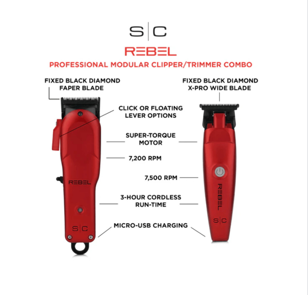 StyleCraft Super-Torque Modular Rebel Clipper & Trimmer Combo Set – Red (SC203)
