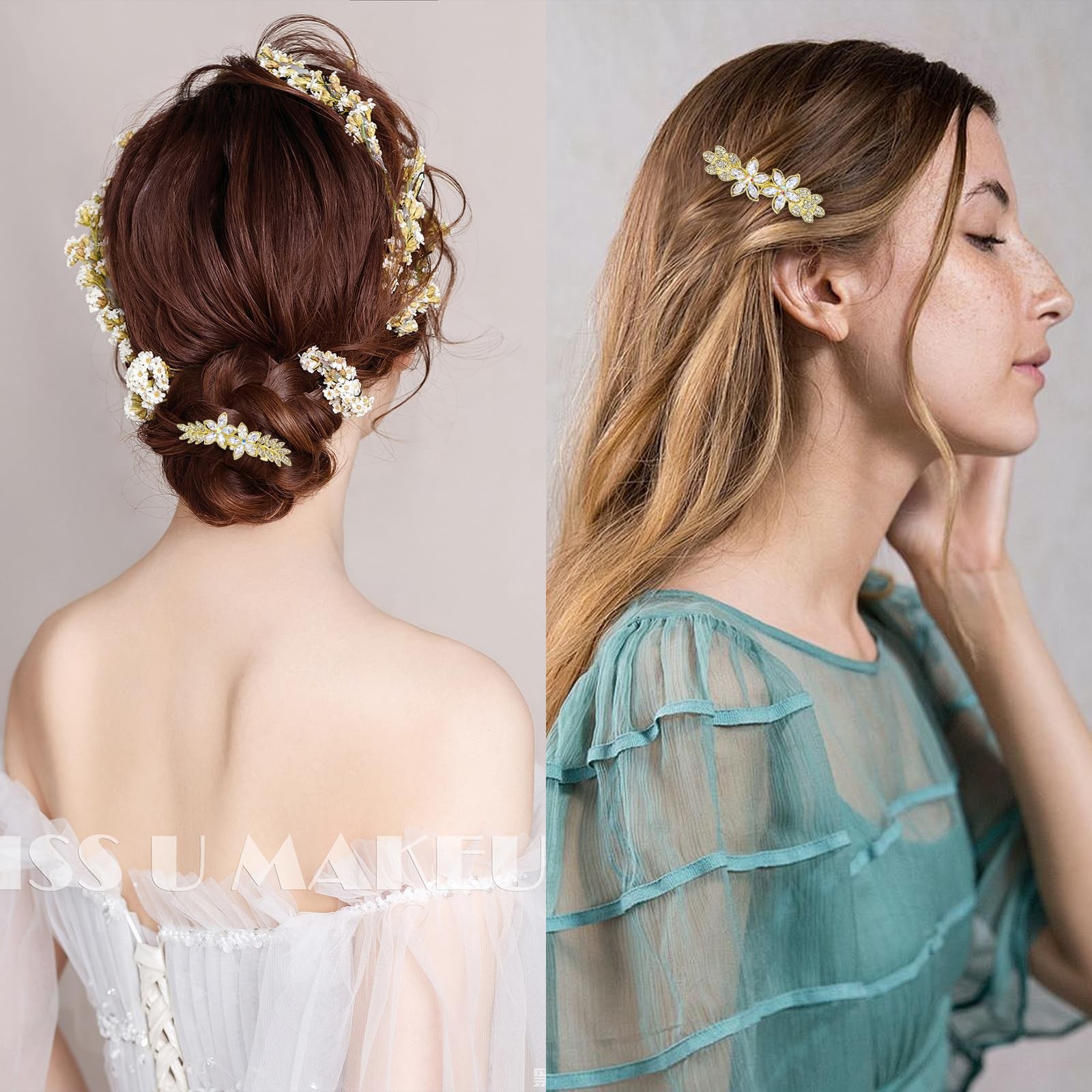 AMCAMI 2PCS Gold Hair Clips，Rhinestone Barrettes For Women， multicolored