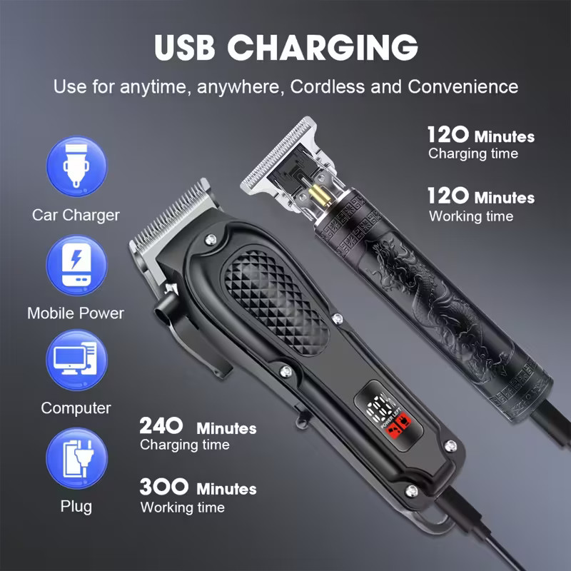 Professional Men Hair Clippers &Barber Clippers and Trimmer Set USB Rechargeable