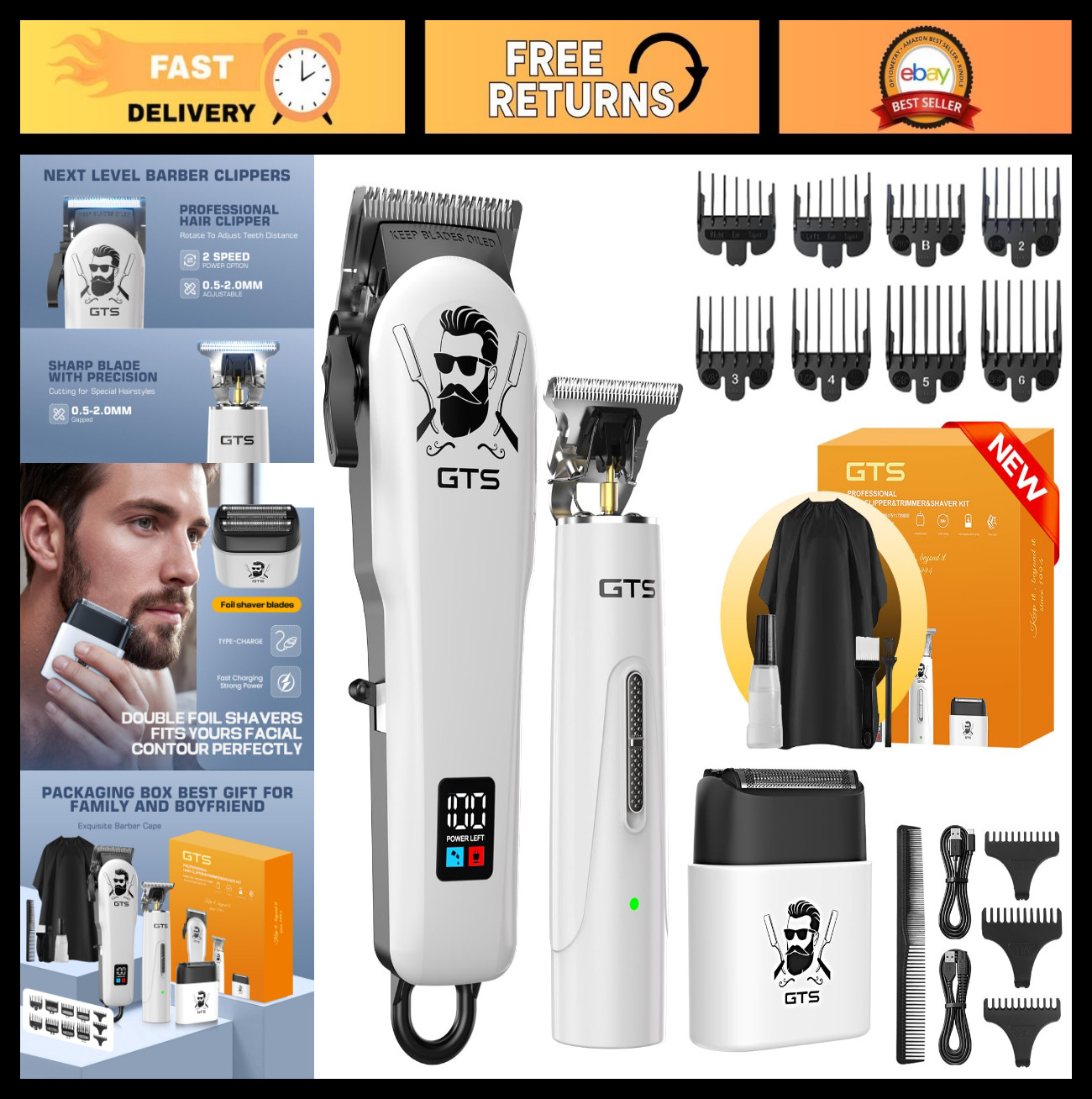 Professional Cordless Hair Clippers & Beard Trimmer Set, Rechargeable, LED Displ