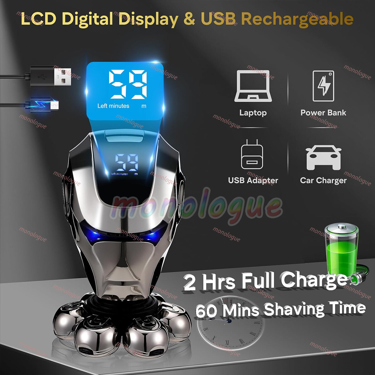 7D 5-in-1 Shaver Cordless Hair Trimmer Bald Head Razor Electric For Men Wet Dry