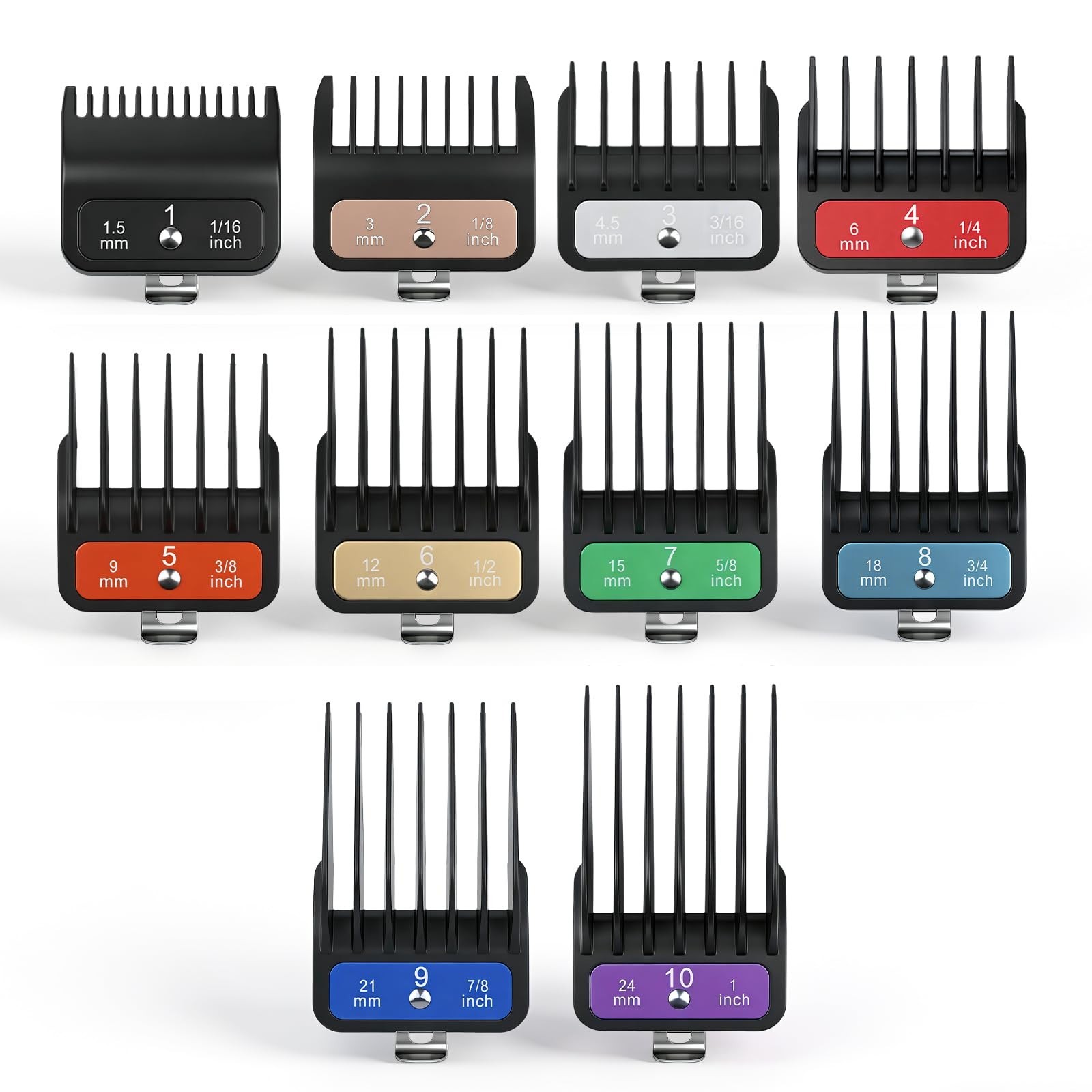 10-Piece Hair Clipper Guide Combs Set with Colored Clips, 1.5mm-25mm, Premium At