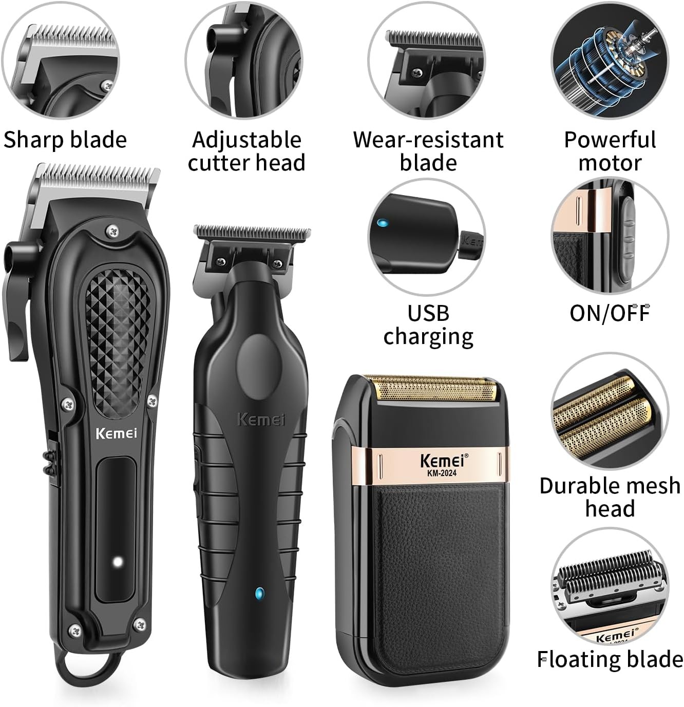 KEMEI Professional Hair Clippers for Men, Cordless Barber Trimmer Rechargeable