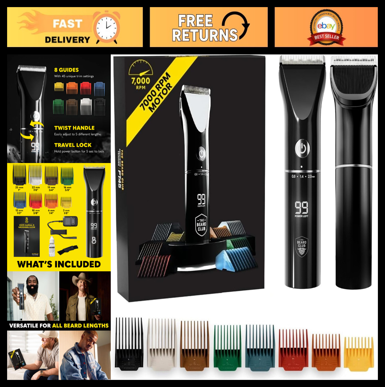 Cordless Electric Beard & Hair Trimmer for Men – 7000 RPM, 8 Color Guides, 45 Le