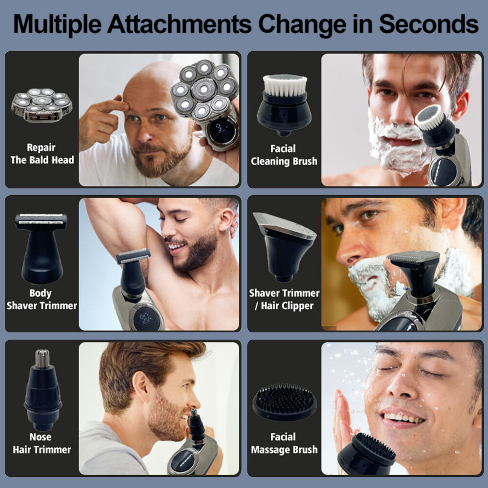 6 IN 1 9D Rotary Electric Shaver Bald Head Hair Beard Trimmer Razor Rechargeable