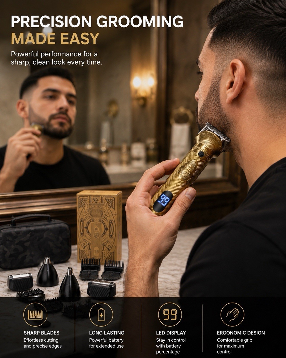 Titanium T-Blade Cordless Trimmer Gold/ Black LED Display Beard Hair Nose 99