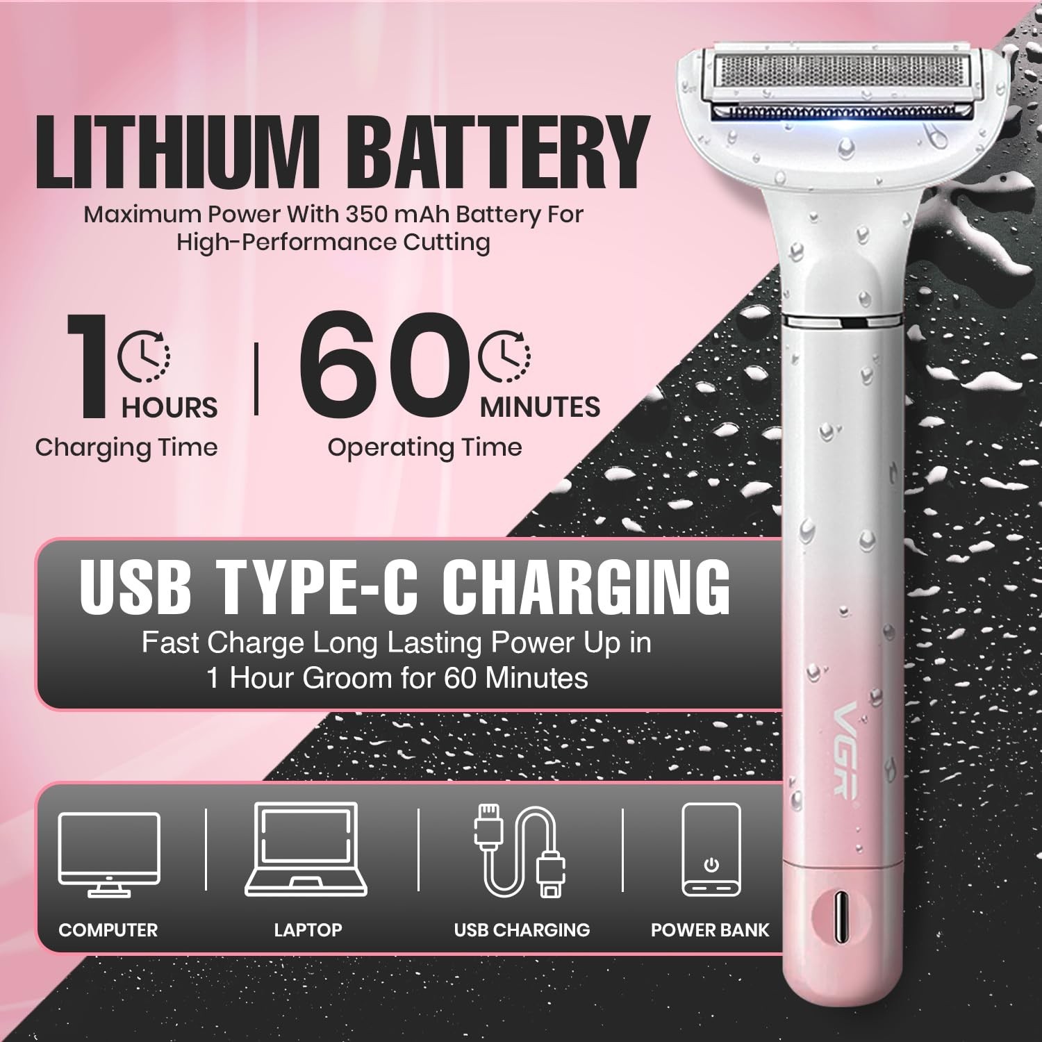 VGR V-611 Bikini Trimmer for Women, Safe Grooming, Type-C Charging, Waterproof