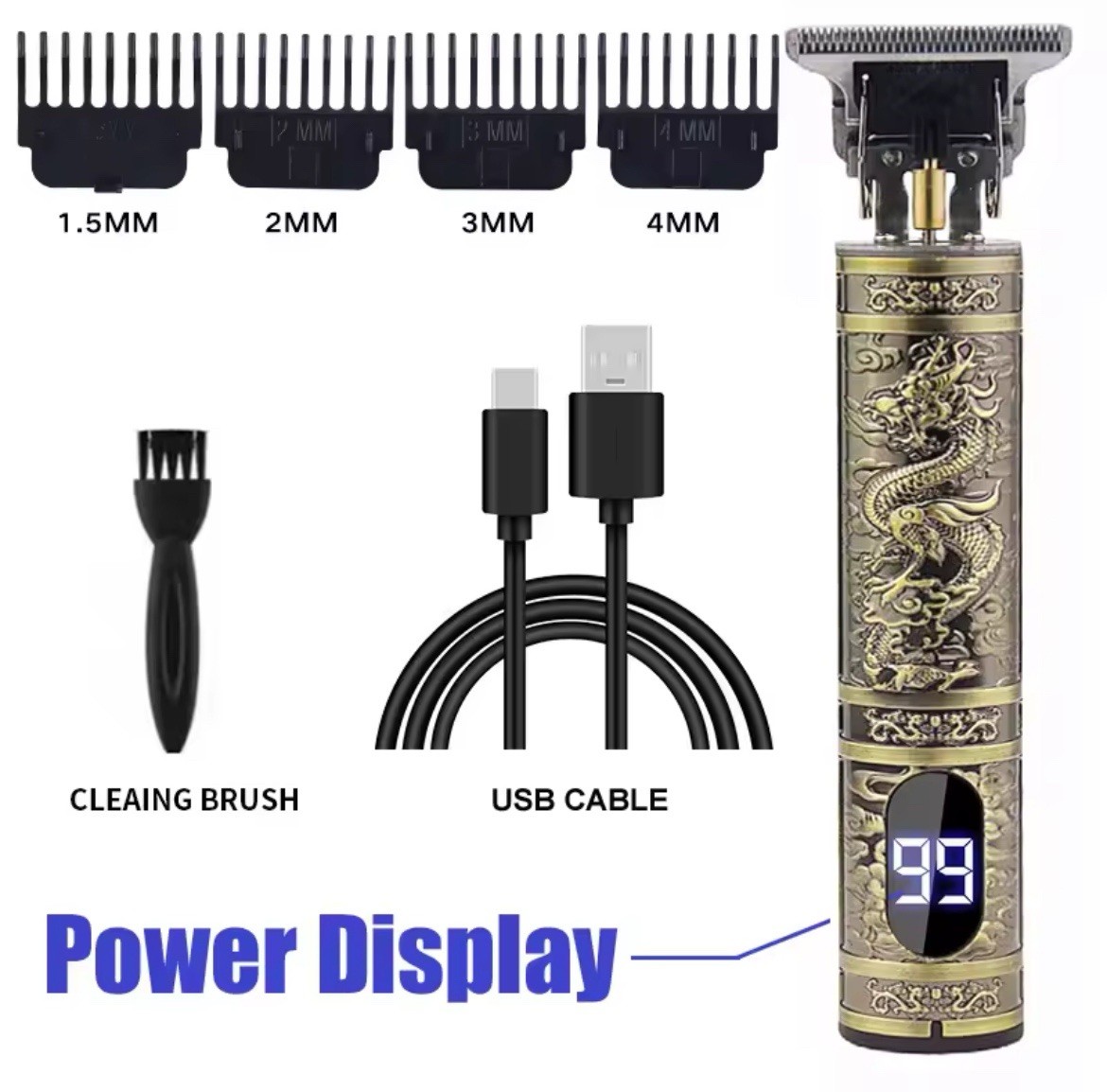 Cordless USB Rechargeable T-Blade Trimmer Hair/Beard Gold Display 1.5-4mm