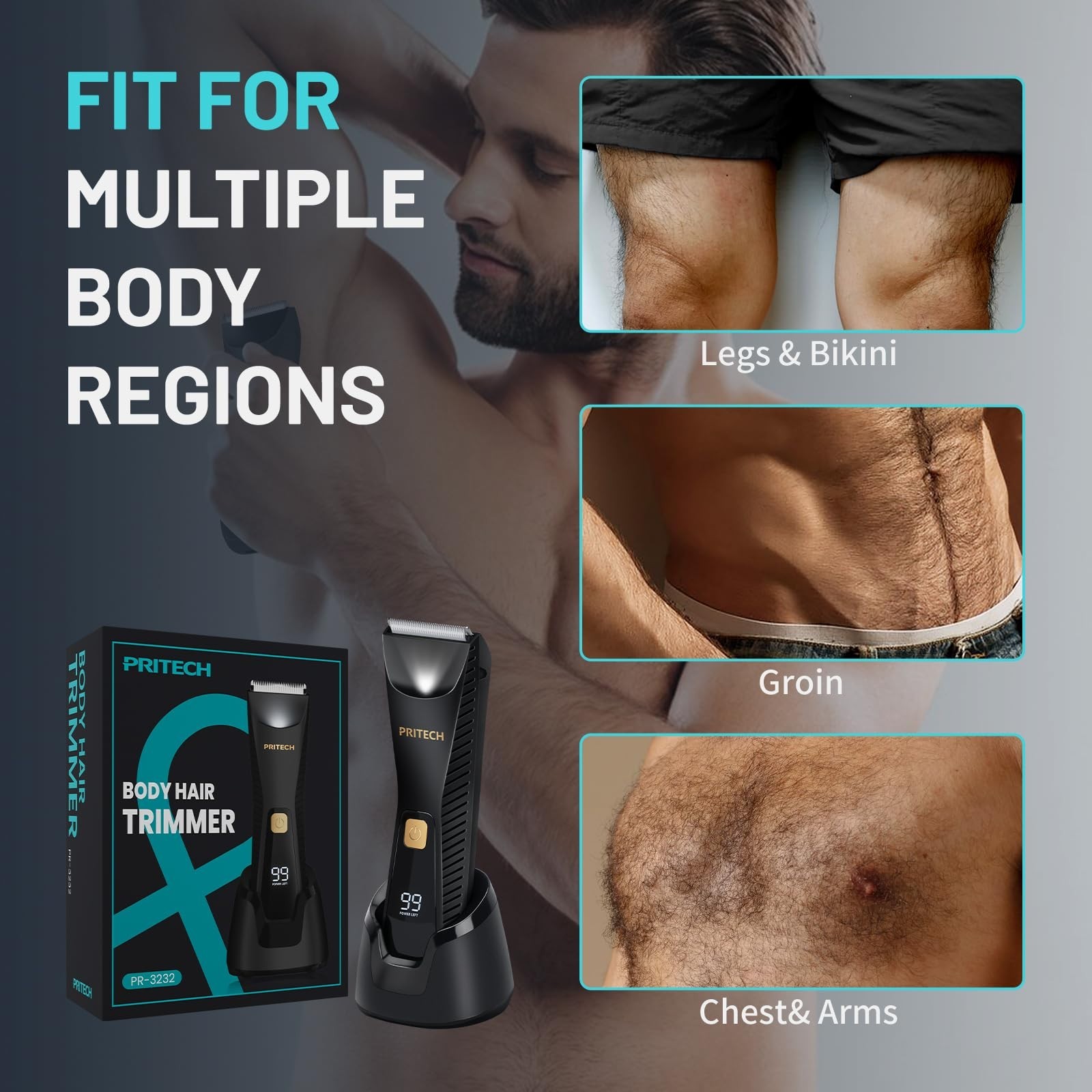 Waterproof Body Hair Trimmer for Men – Ceramic Blade Electric Razor, USB-C, Wet/