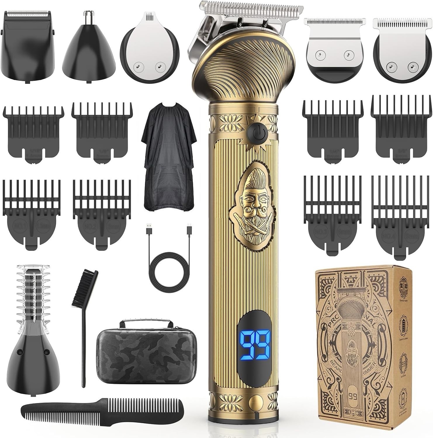 Cordless 6-in-1 T-Blade Trimmer Gold Black USB Charging 1.5mm-9mm Guards