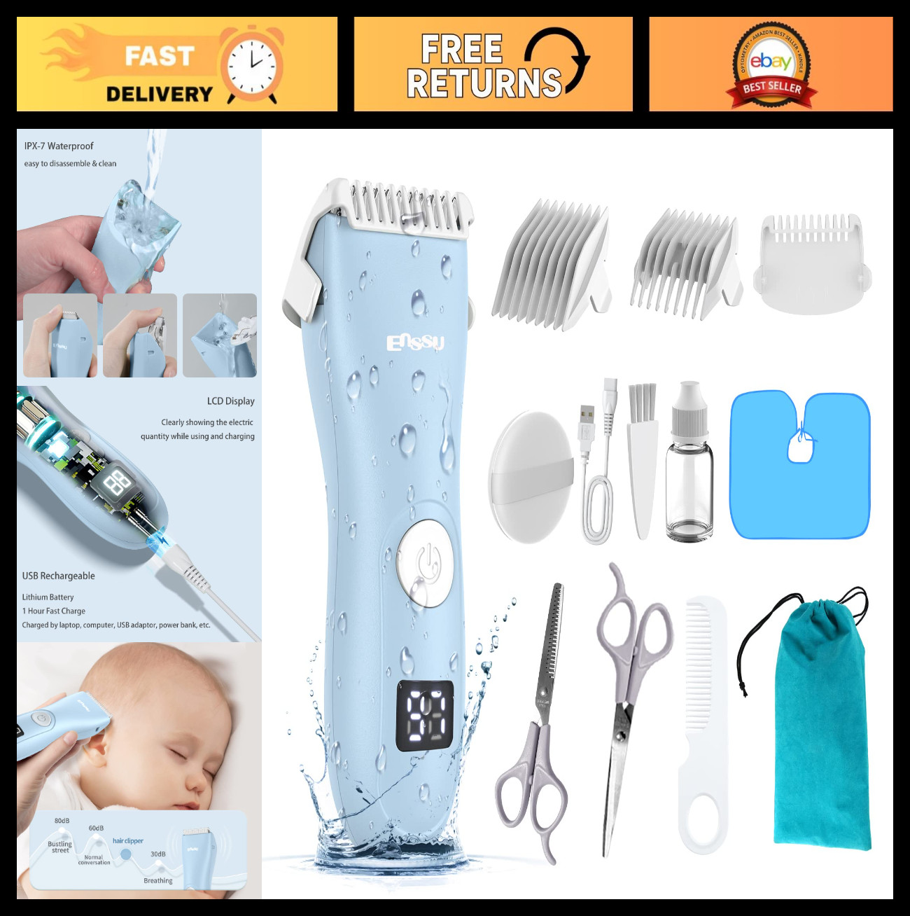 Quiet Baby Hair Clippers – Waterproof Rechargeable Cordless Trimmer for Kids, LC