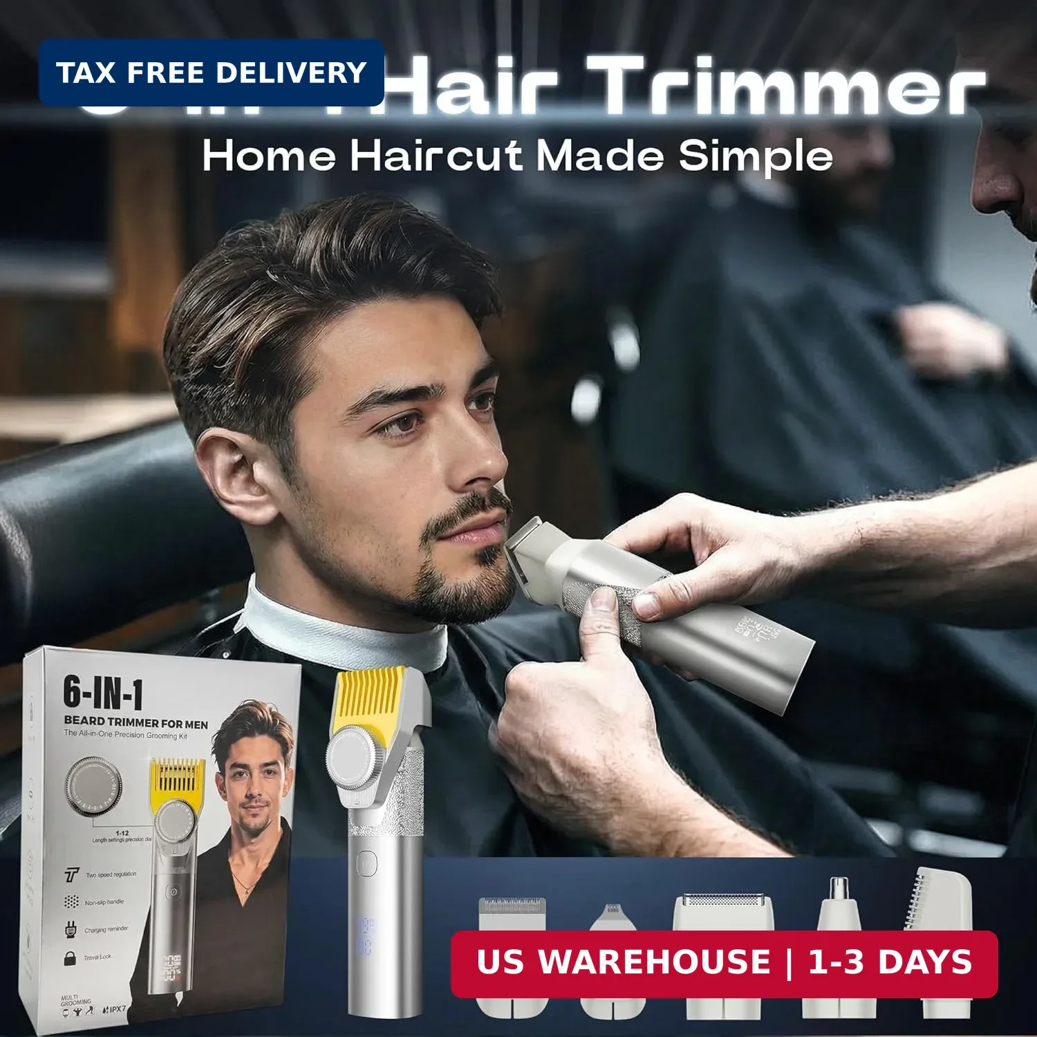 Beard Trimmer for Men, 6-in-1 Men’s Grooming Kit,IPX7 Waterproof Wet/Dry, 2-Spee