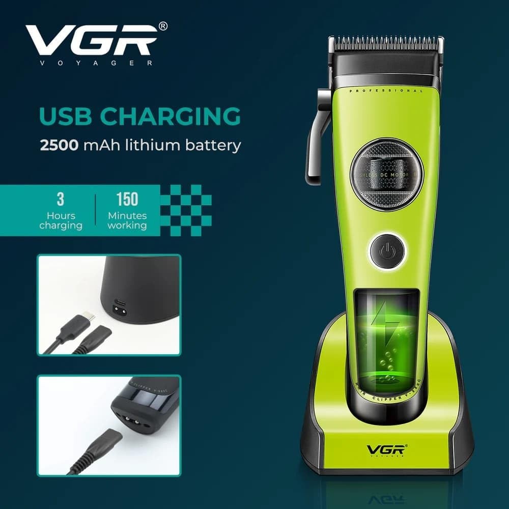 VGR 880C Cordless Hair Clipper 7200RPM Ceramic Blade Charging Base Green