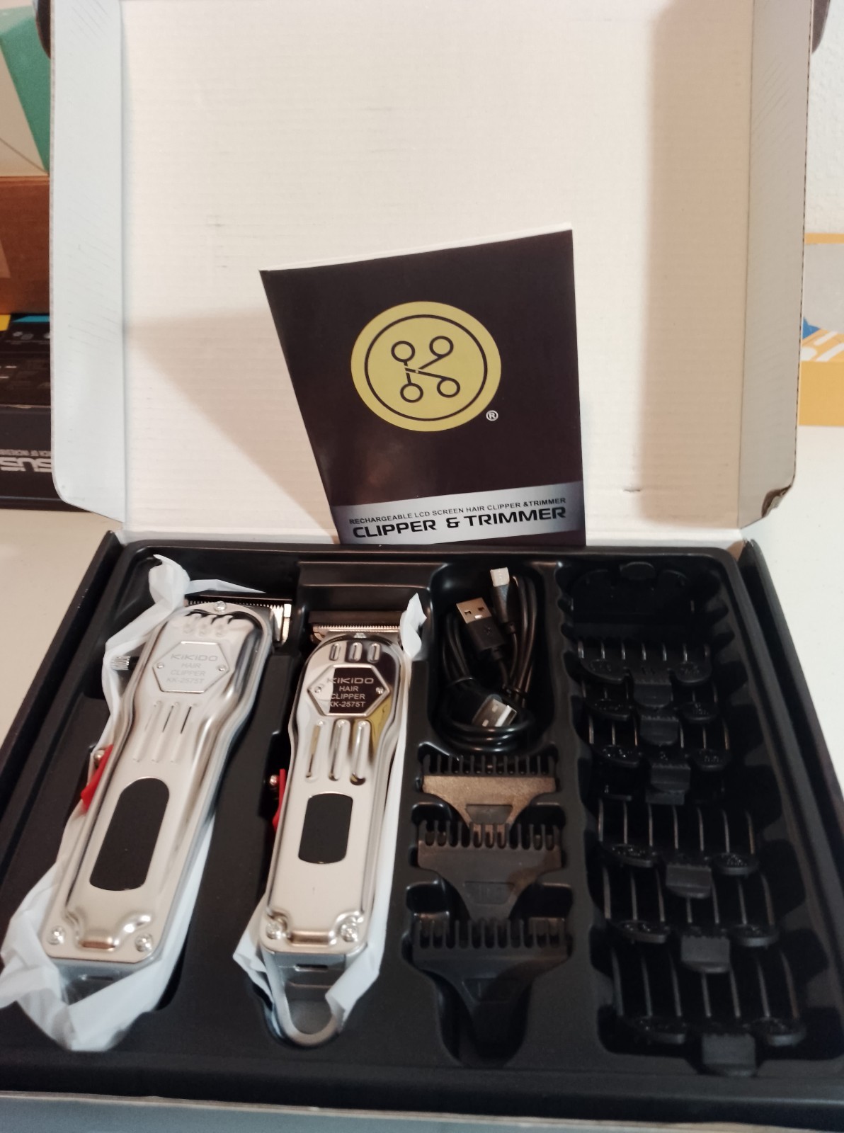 Kikido Rechargeable LCD Hair Clipper & Trimmer Set Silver Black Head Face