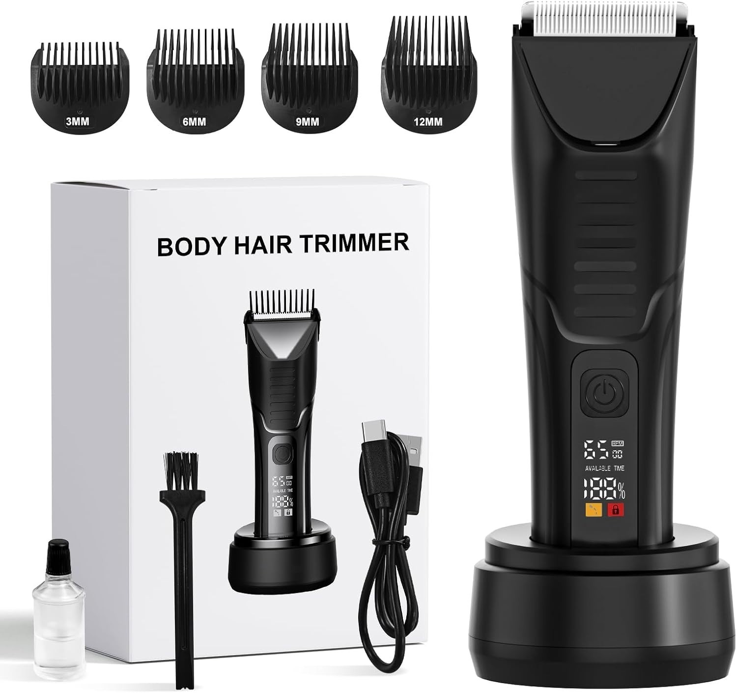 Electric Body Hair Trimmer – Waterproof Trimmer for Men with LED Light, Wet/D…