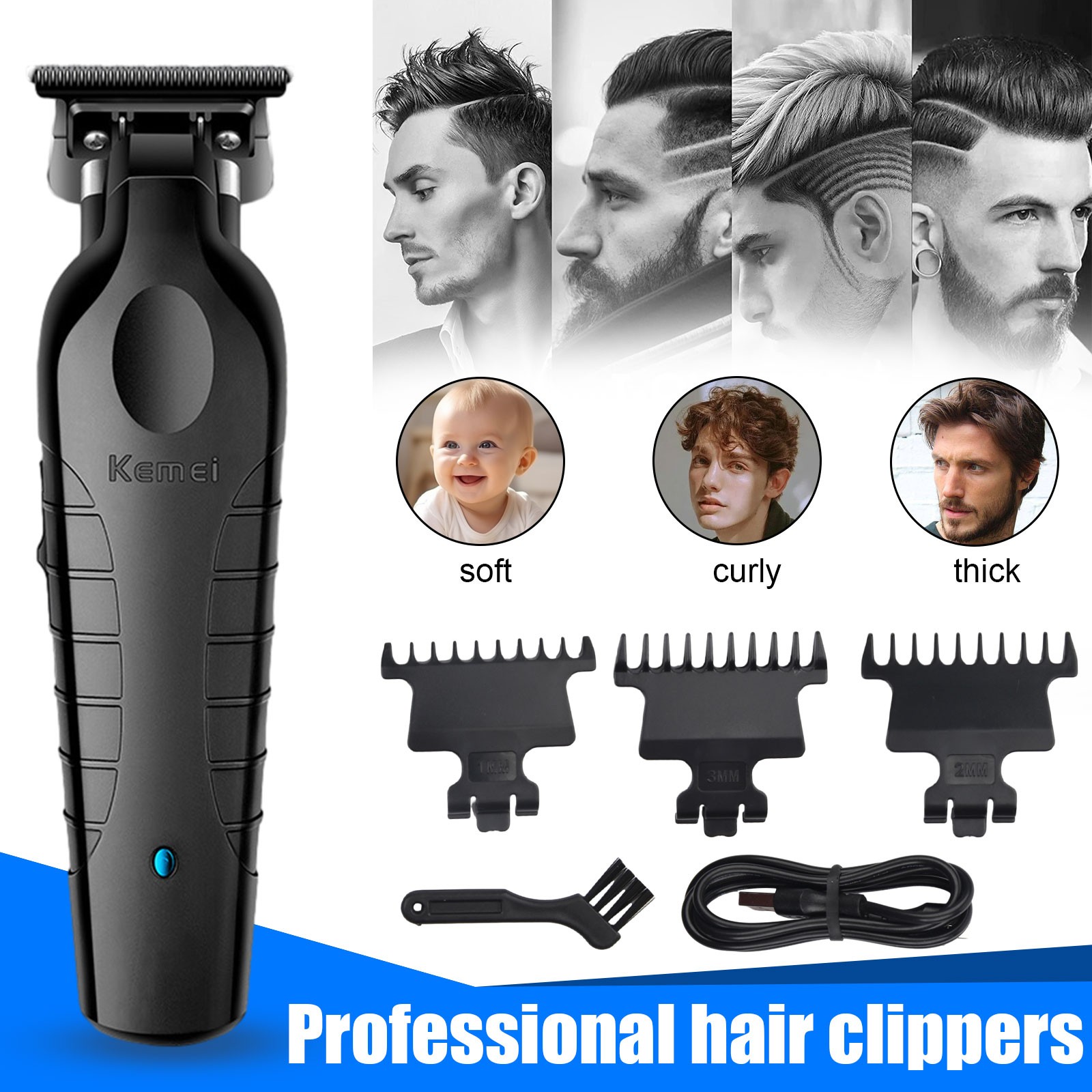 Kemei Electric Hair Clipper Barber Cordless Hair Trimmer 0mm Zero Gapped Carving