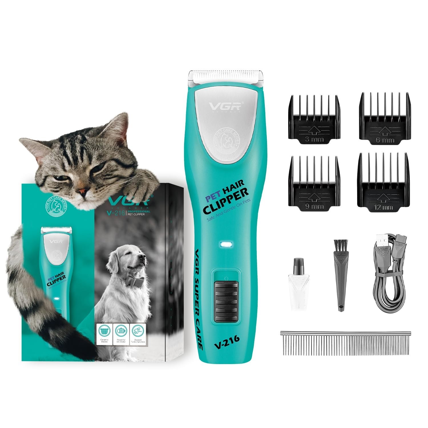 VGR V-216 Professional Pet Hair Clipper Dogs Cats Ceramic Blades 180Min Runtime