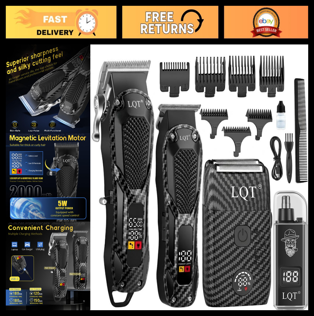 Rechargeable Cordless Hair Clippers & Beard Trimmer Kit with LCD Display – Perfe