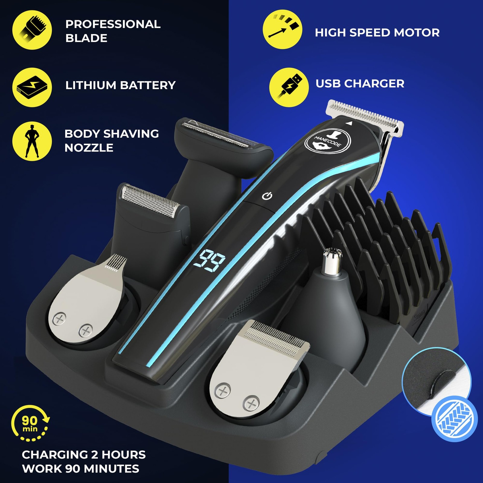 MANECODE® Beard & Hair Trimmer for Men – Self-Sharp Blades® USB-C, Waterproof…