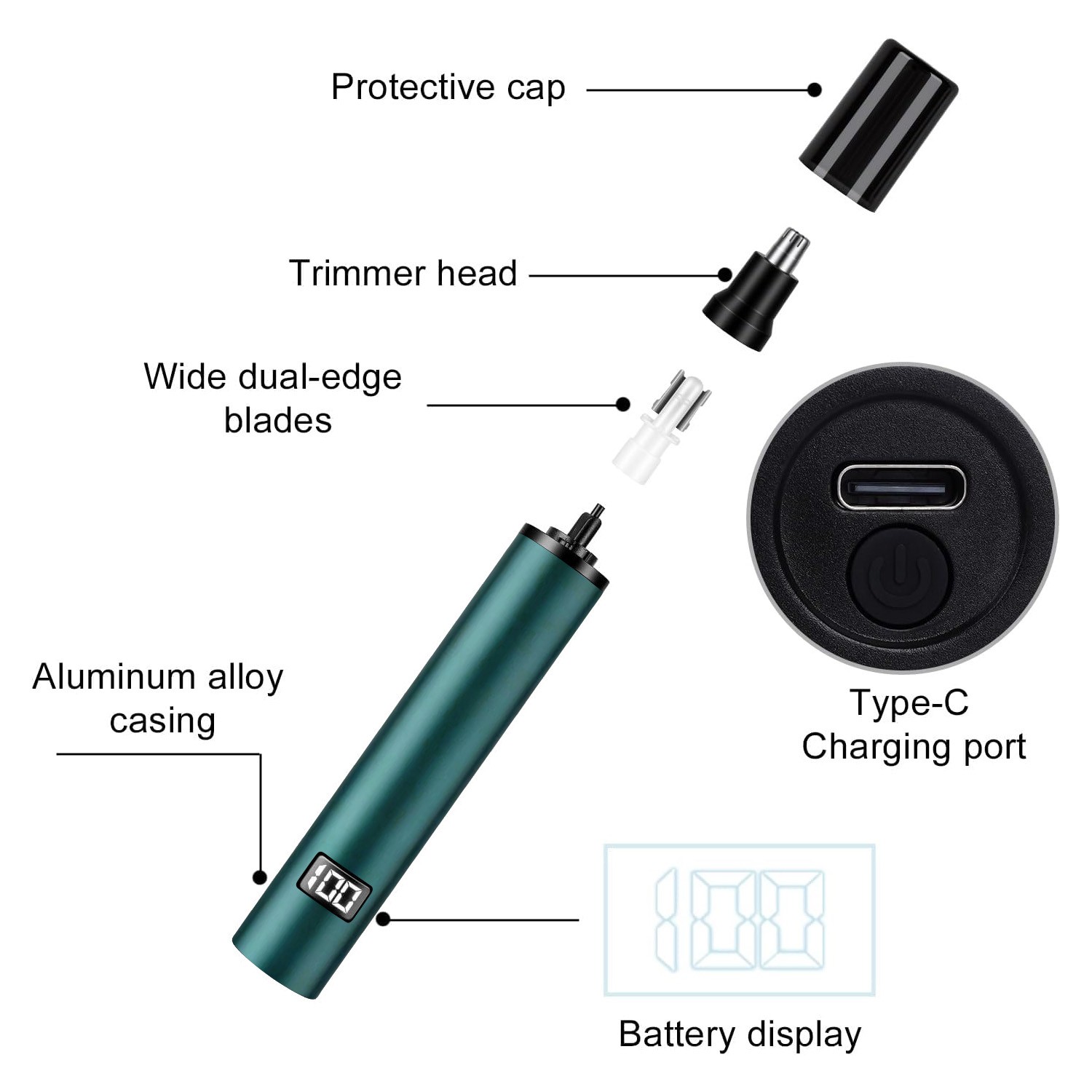 Digital Display Nose Trimmer, Washable Cutter Head, USB Charging, Men’s Grooming
