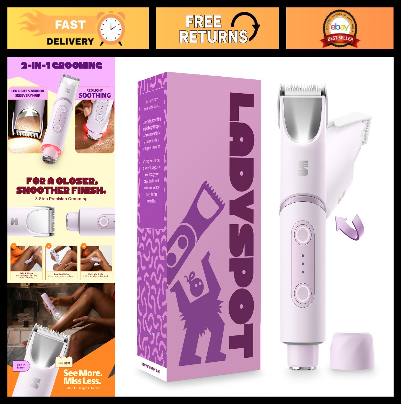 2-in-1 Electric Bikini Trimmer for Women, 180° Rotating Head, Ceramic Blade, IPX