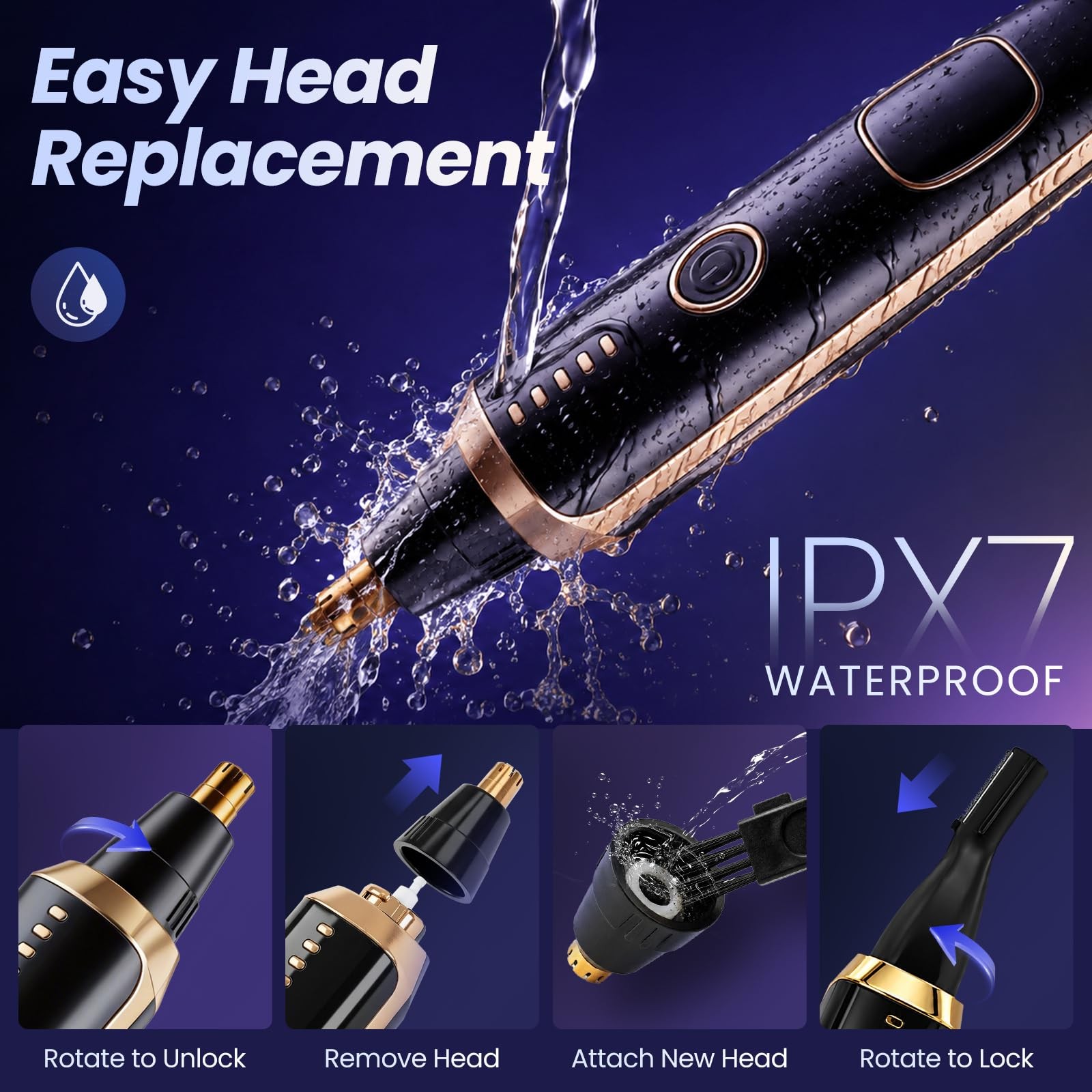 Rechargeable Waterproof Hair Trimmer 36 Deg Rotating Head LED Display