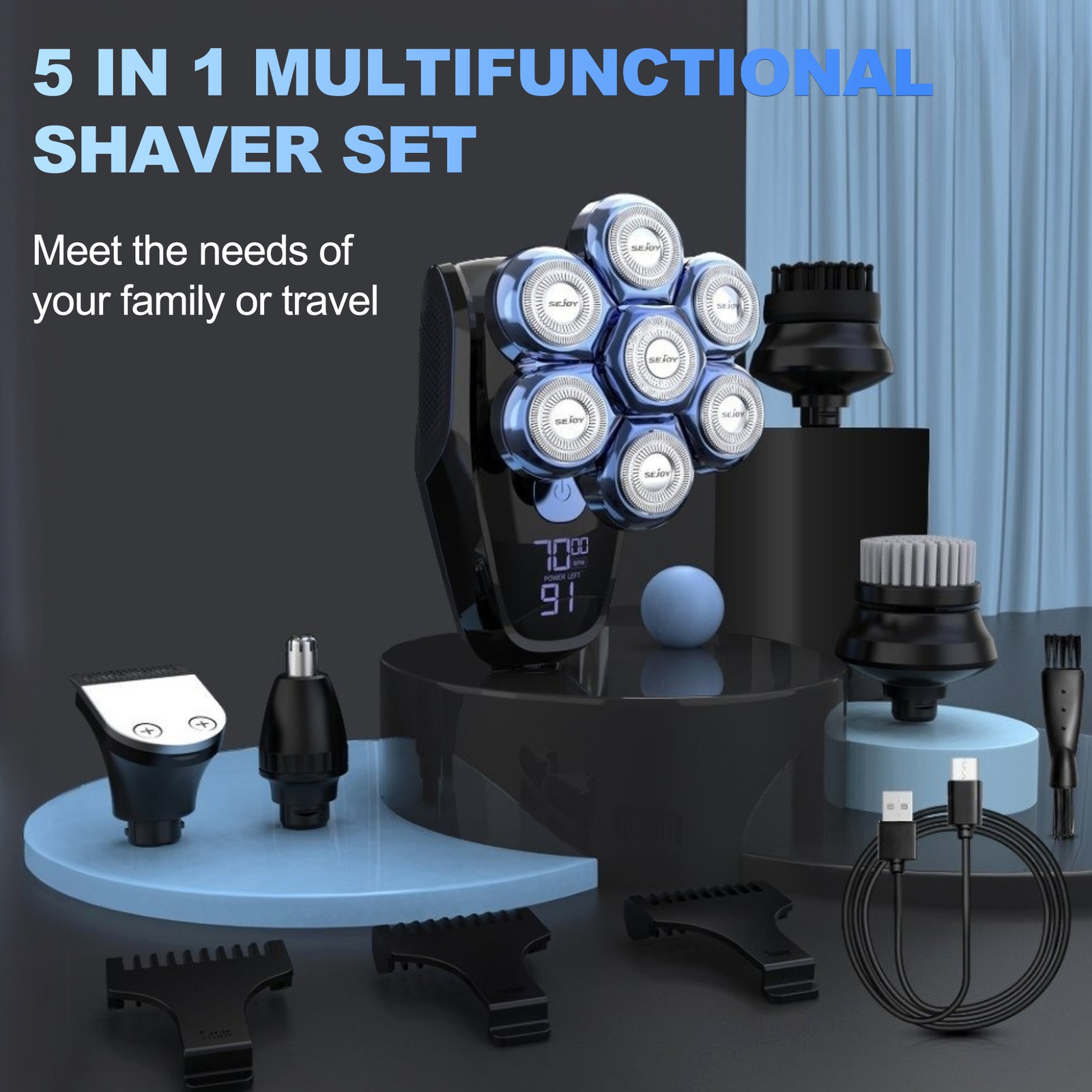 SEJOY 5-in-1 Rotary Electric Shaver 7D Rechargeable Bald Head Razor Hair Trimmer