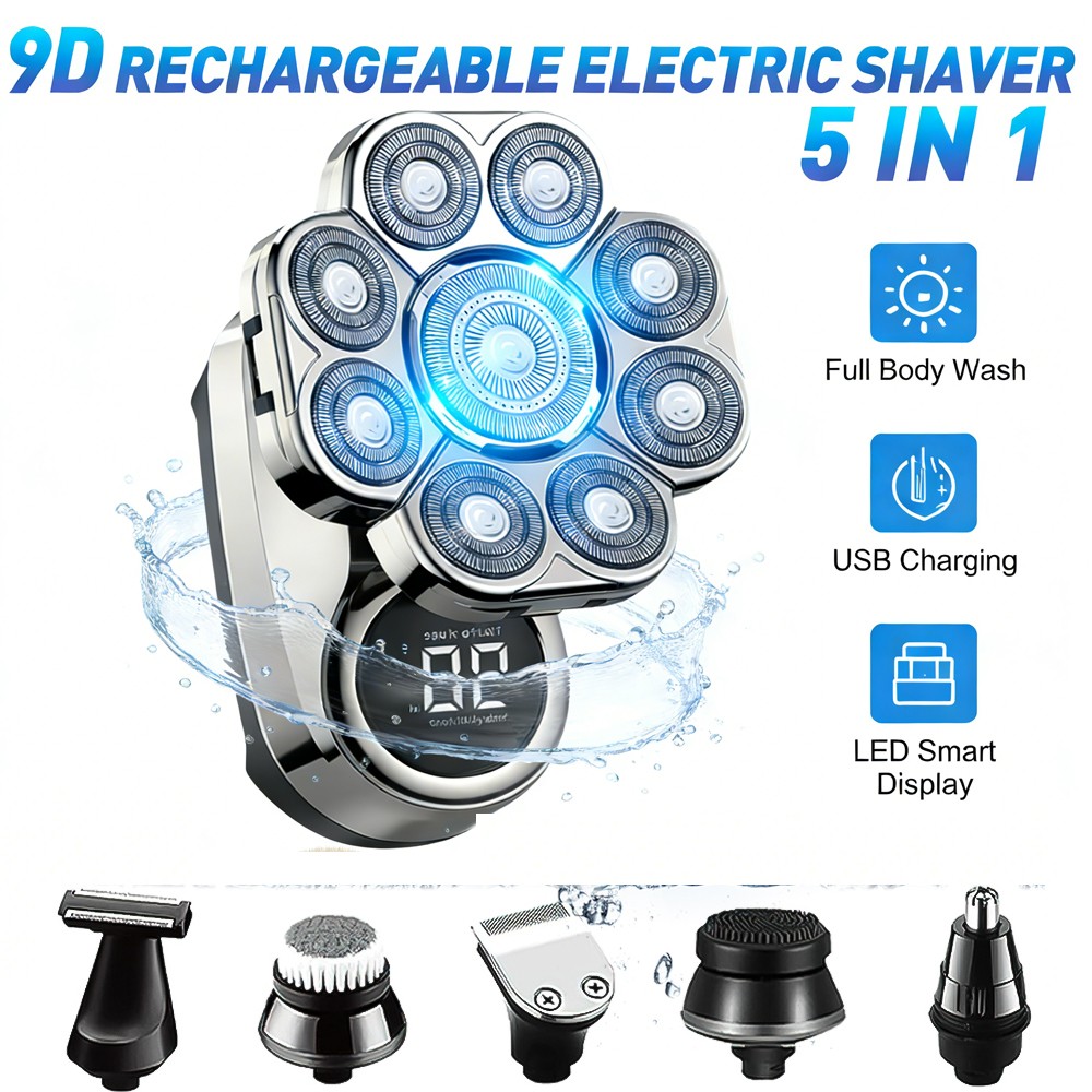 9D 5in1 Rotary Electric Shaver Cordless Hair Trimmer Bald Head Razor Men Wet&Dry