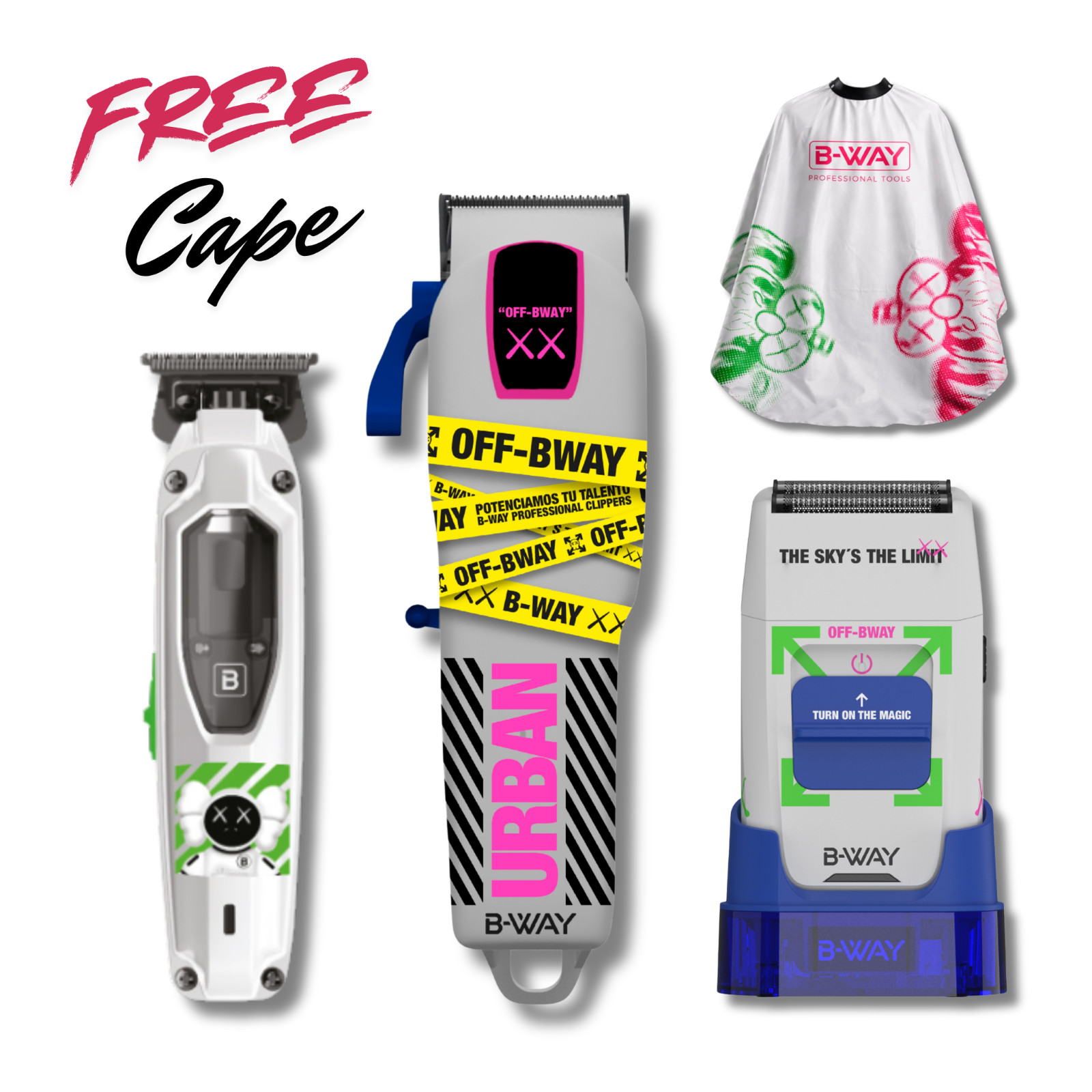 B-Way Urban Clipper, TPro Trimmer, OFF Shaver – 3 in 1 Set + Free Cape