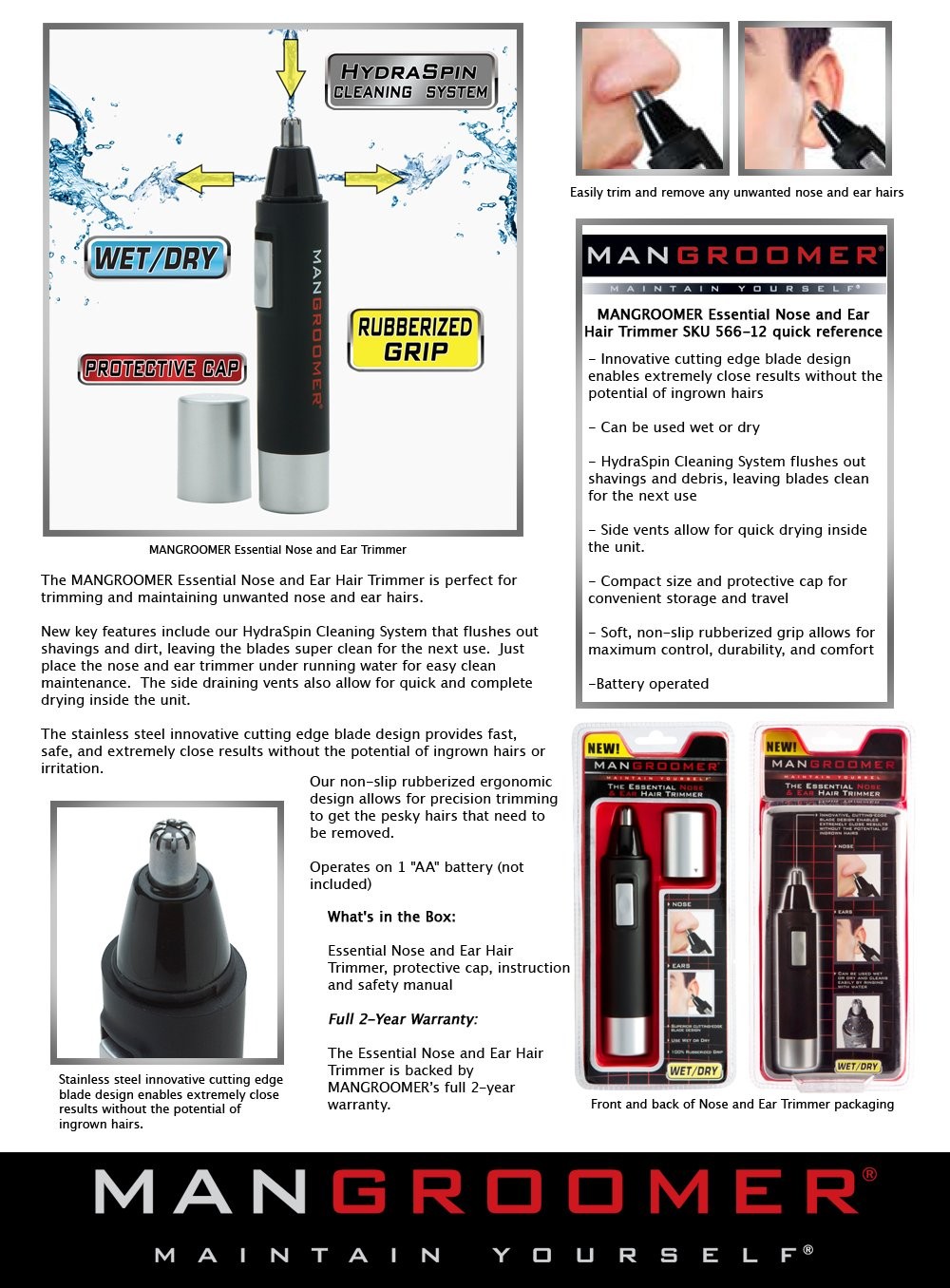 Silver and Black Hair Trimmer Hypoallergenic Stainless Steel Blades Wet Dry Use