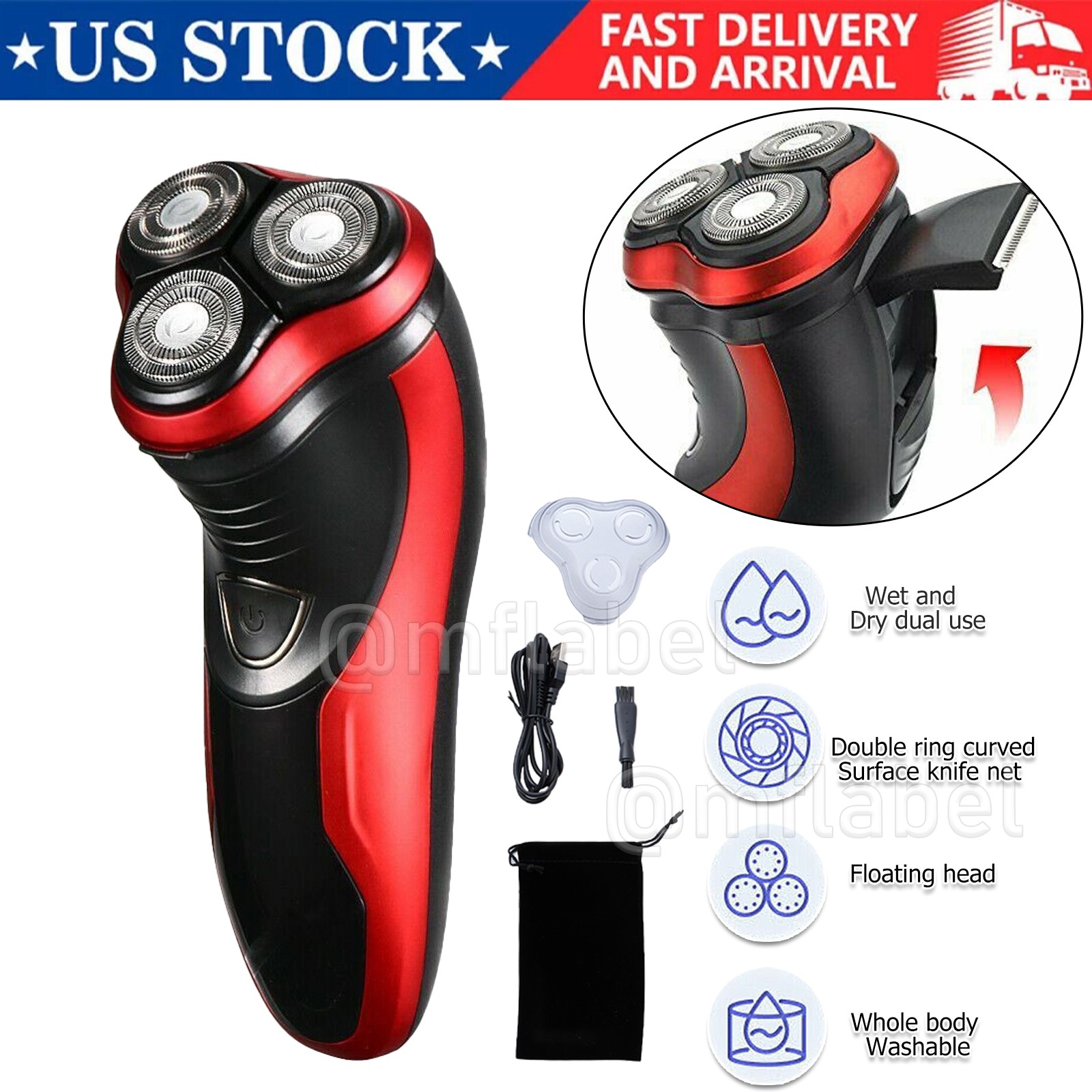 Cordless Men’s Razor Rotary Waterproof Electric Shaver Pop-Up Trimmer Wet & Dry