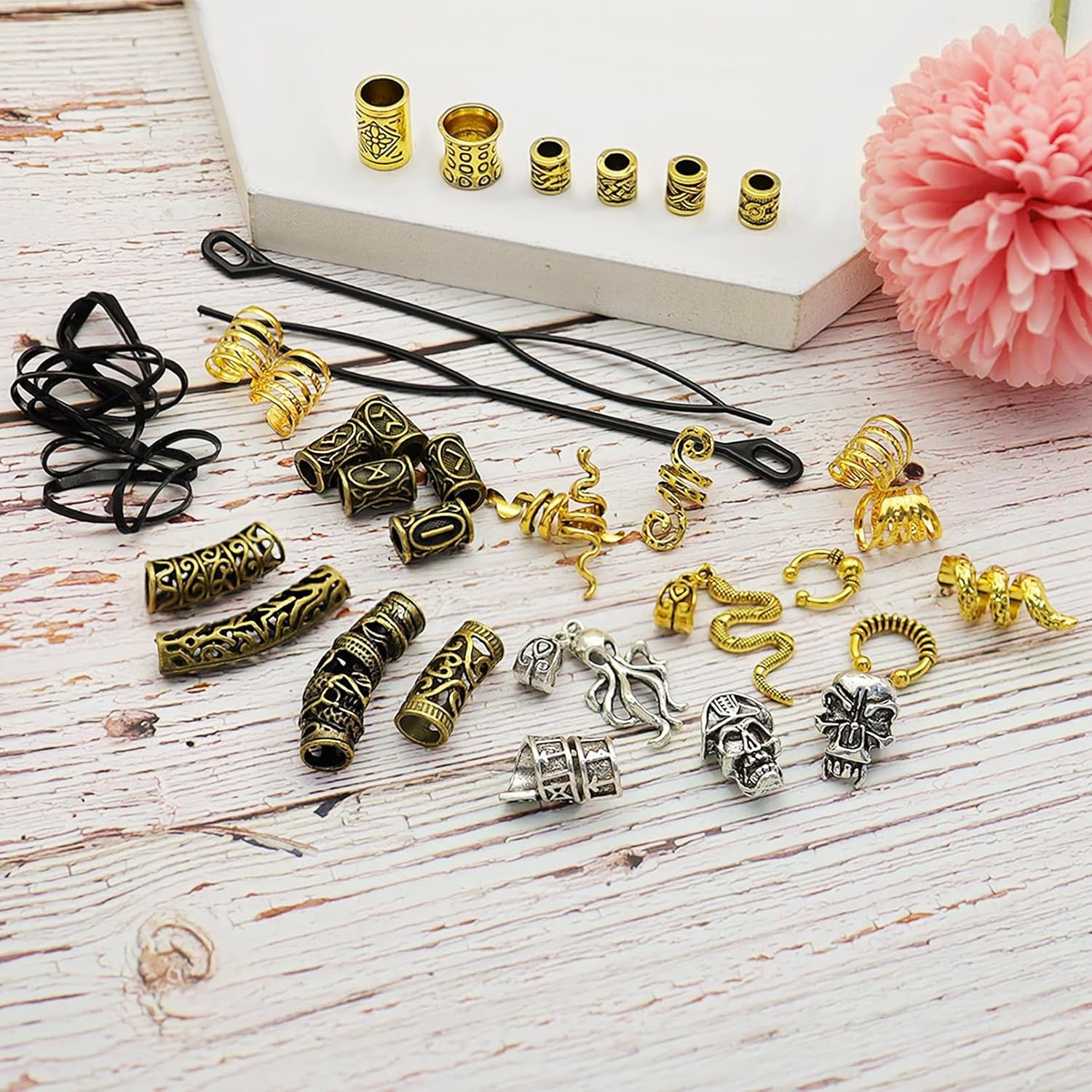207Pcs Viking Hair Jewelry Nordic Runes Tube Beads,Accessories Gold n Silver