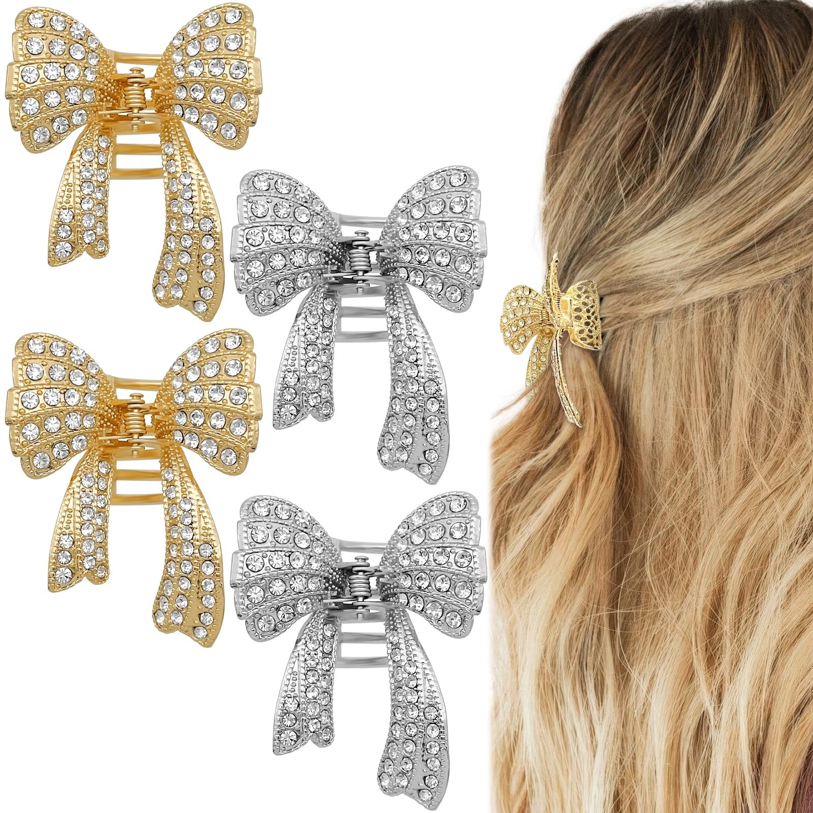 4Pcs Bow Rhinestone Hair Claw Clips Fancy 1 Count (Pack of 4), Gold, Silver