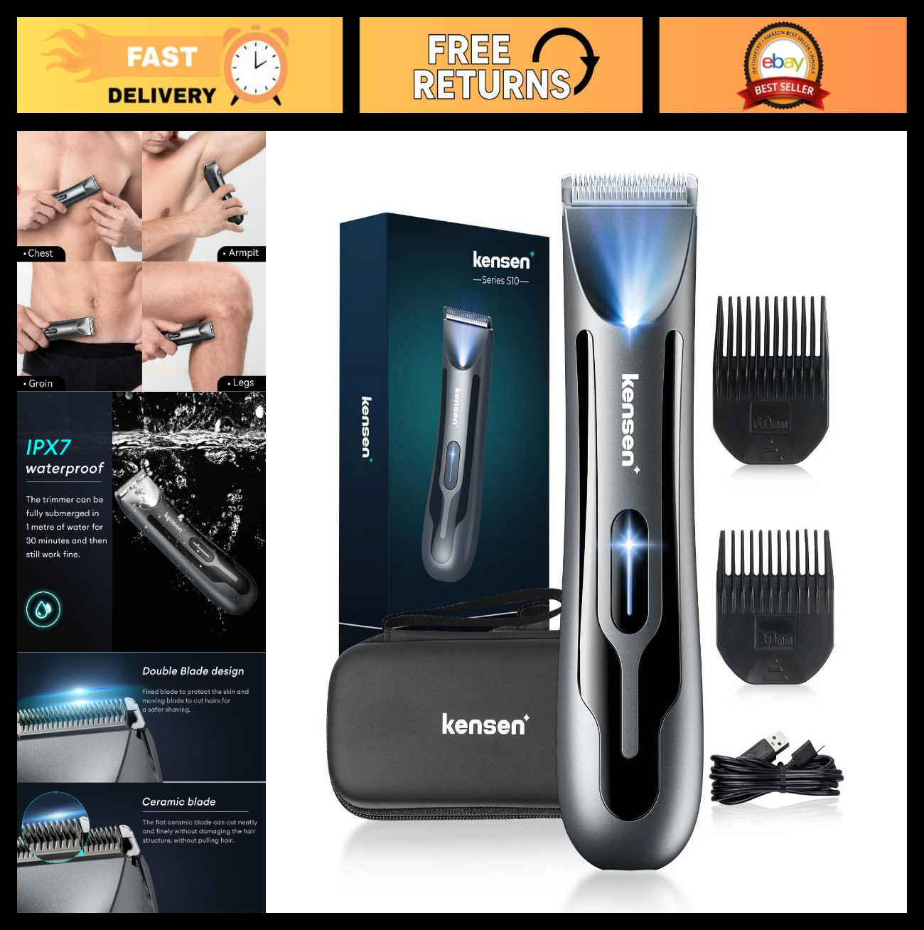 Body Hair Trimmer for Men – Waterproof Groin & Pubic Hair Shaver, LED Light, Cer