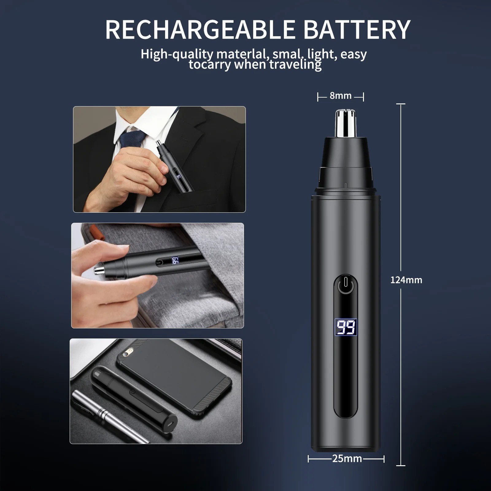 Ear and Nose Hair Trimmer with LED indicator USB Rechargeable Water Resistant