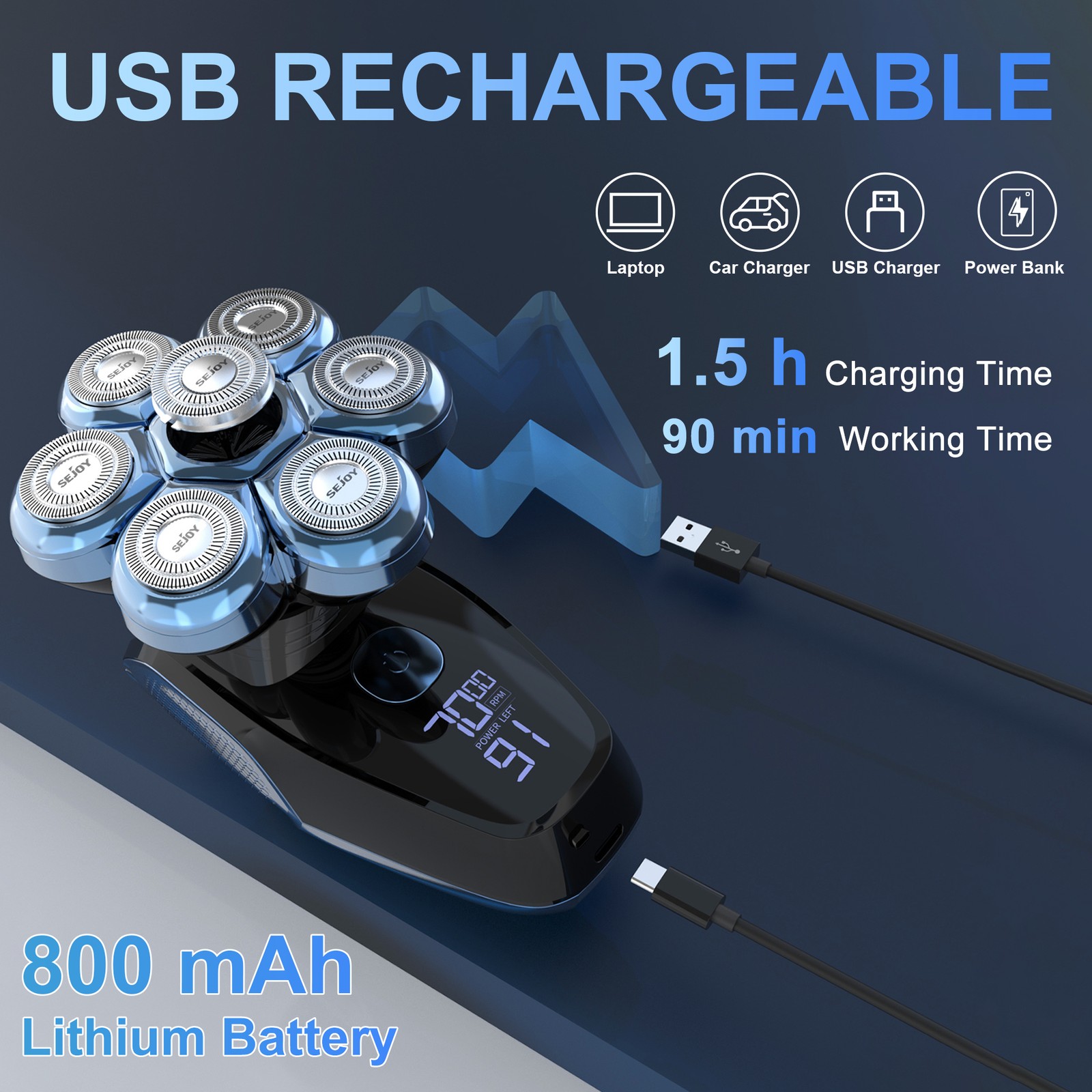 SEJOY 5-in-1 Rotary Electric Shaver 7D Rechargeable Bald Head Razor Hair Trimmer